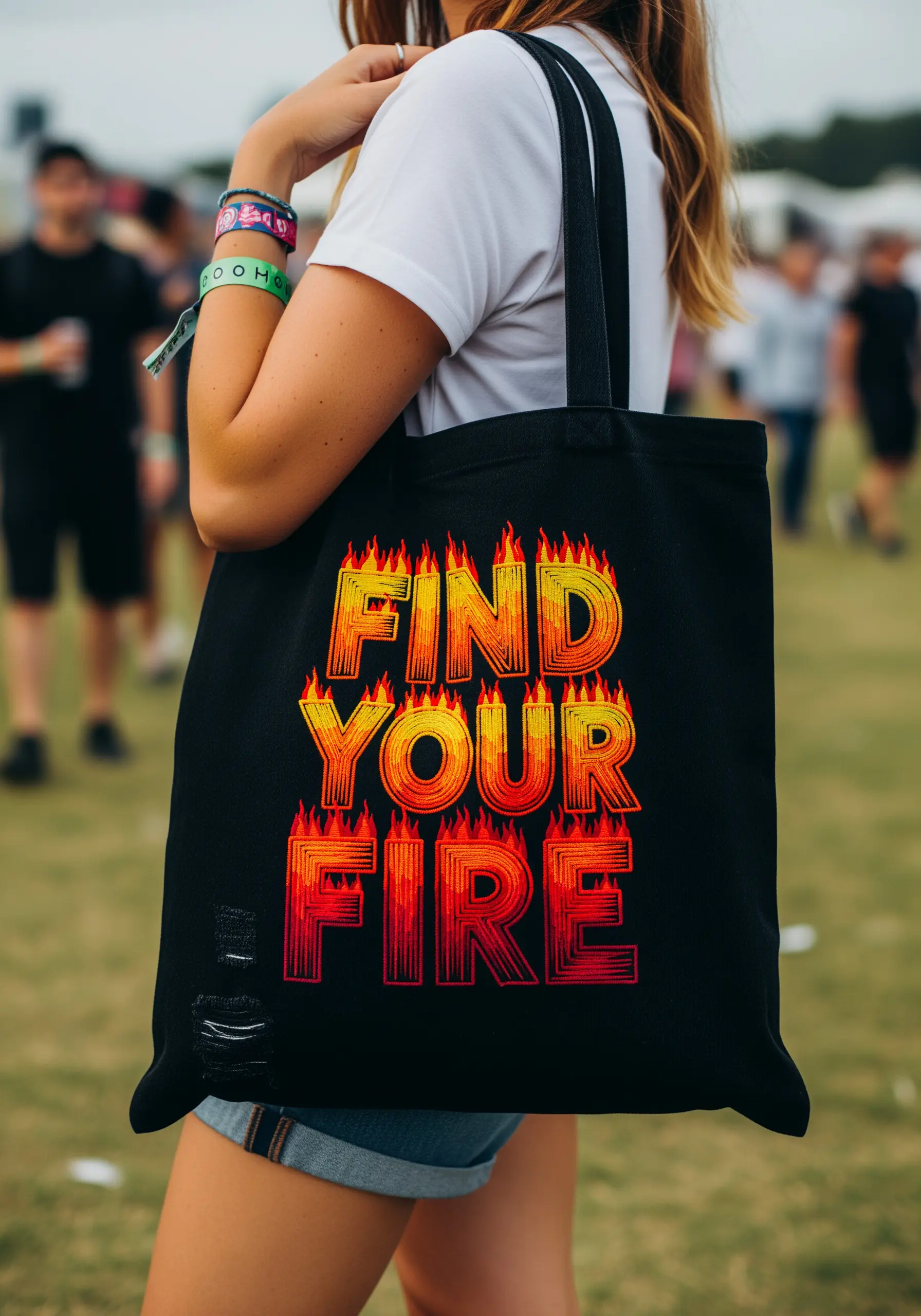 Embroidered quote 'Find Your Fire' with letters filled in a red, orange, and yellow flame gradient.