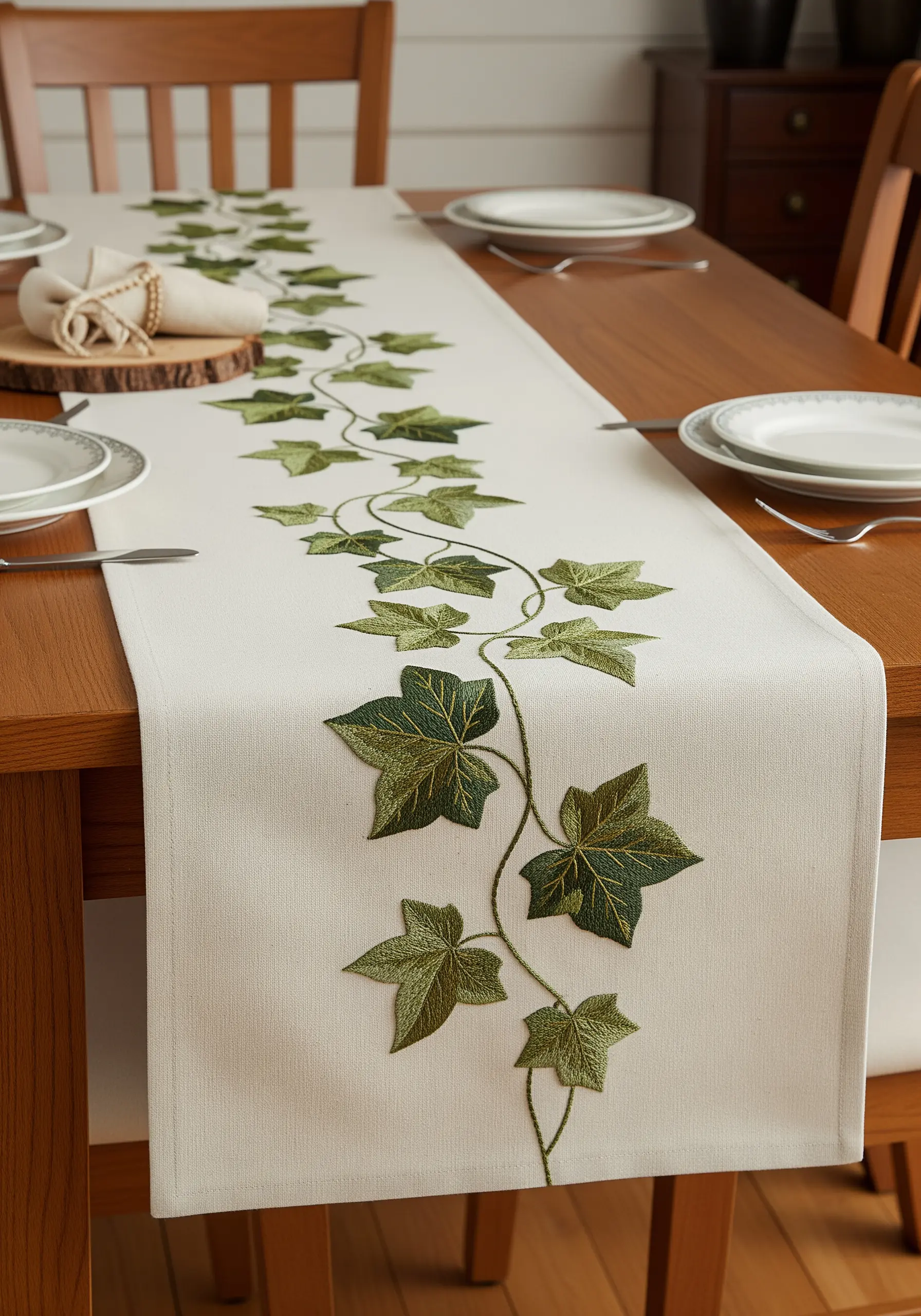 A long table runner embroidered with a meandering vine of green ivy leaves.