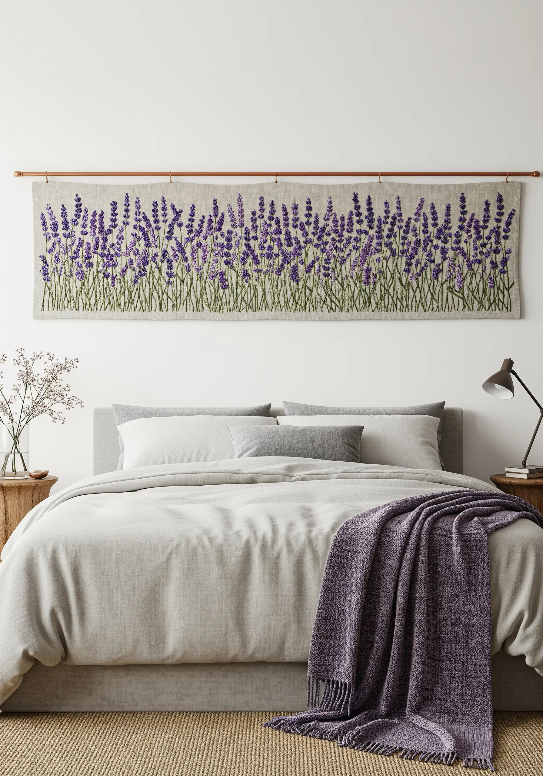 A long, panoramic wall hanging of an embroidered lavender field above a bed.