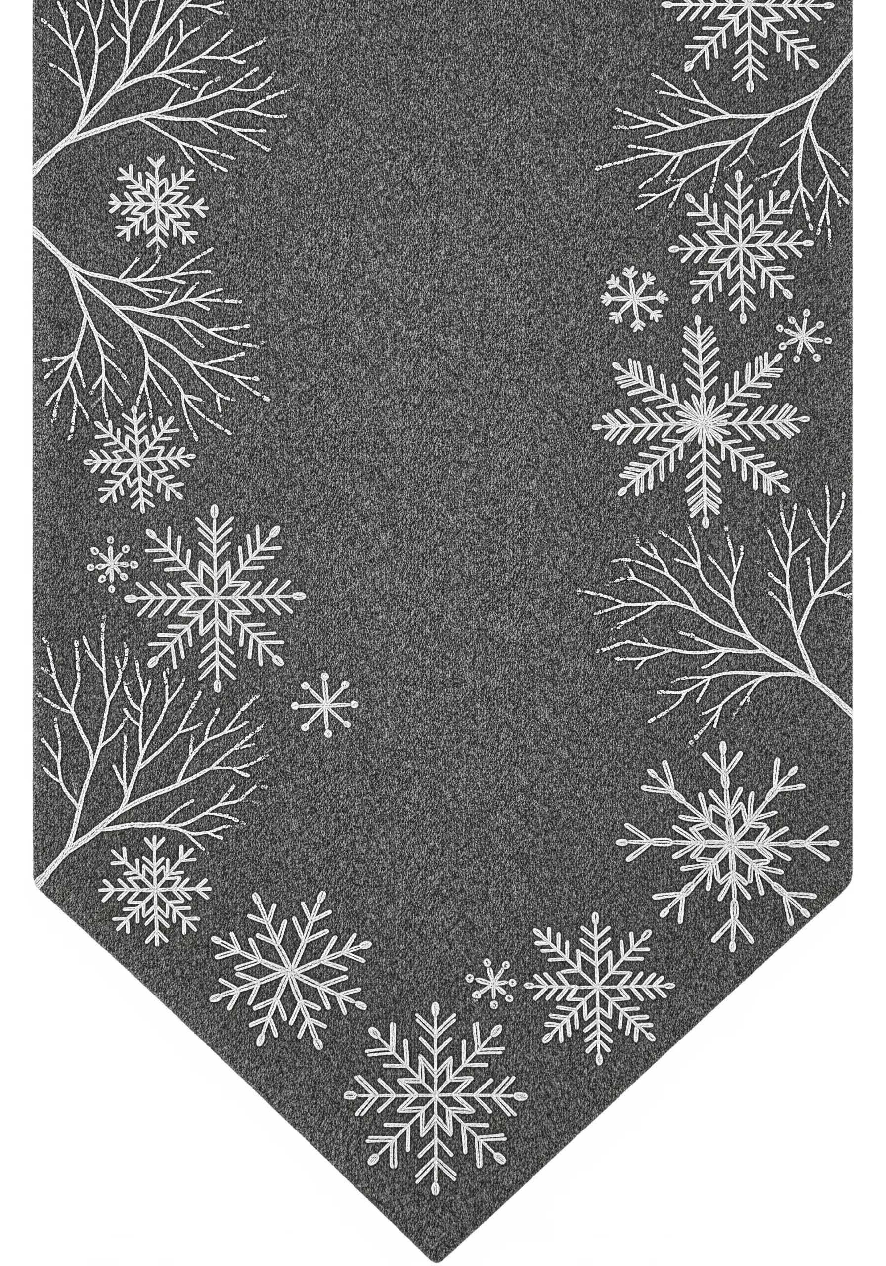 White embroidered snowflakes and bare branches on a dark grey felt table runner.