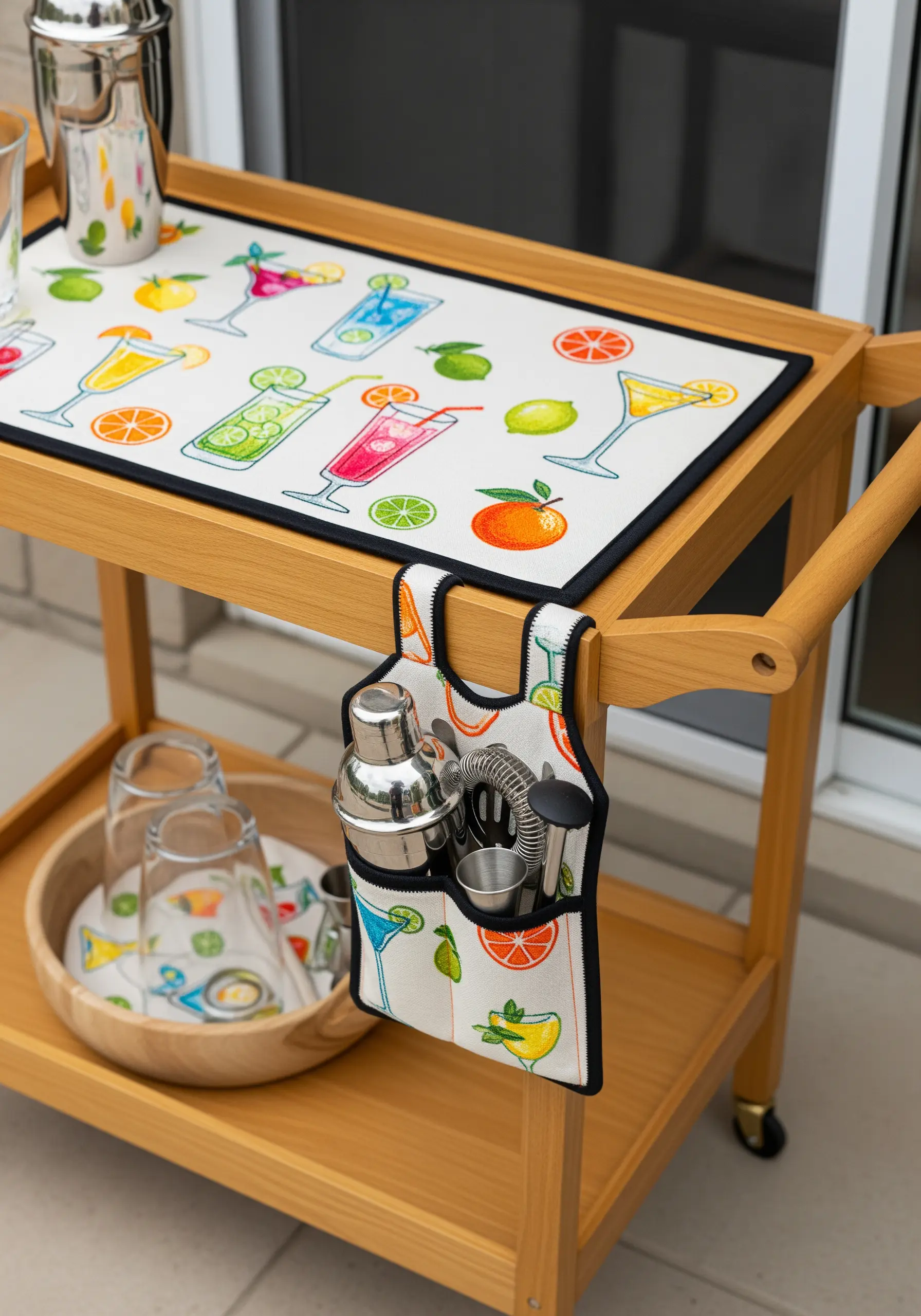 A bar cart with an embroidered mat and a hanging caddy featuring colorful cocktail illustrations.
