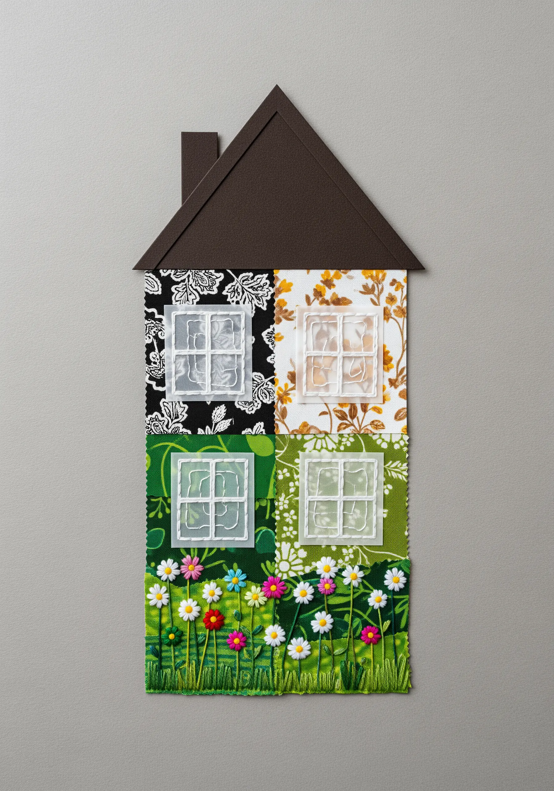 Fabric collage house with a garden of 3D embroidered flowers at its base