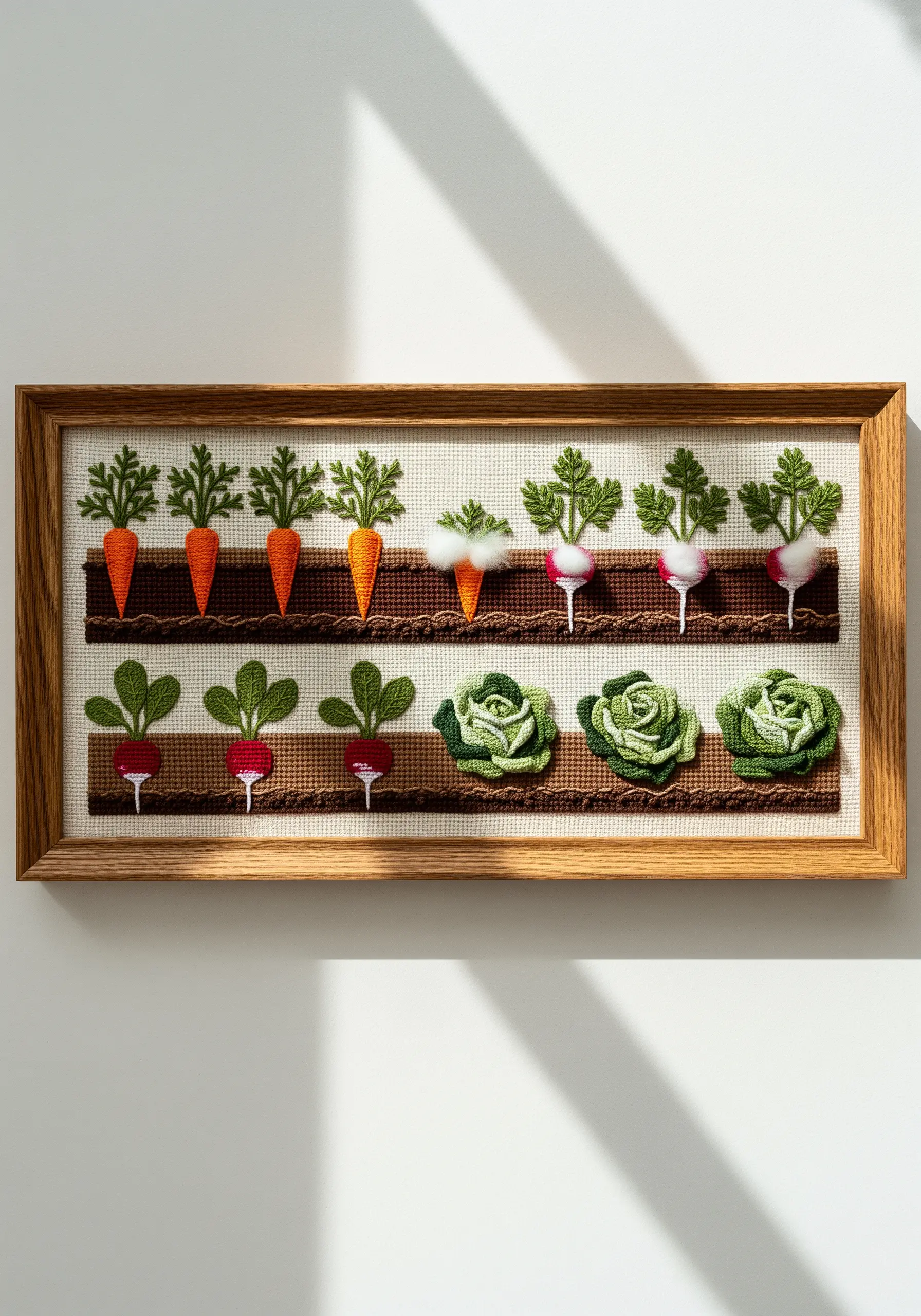 Framed embroidery of a vegetable garden with carrots, radishes, and lettuce in neat rows.