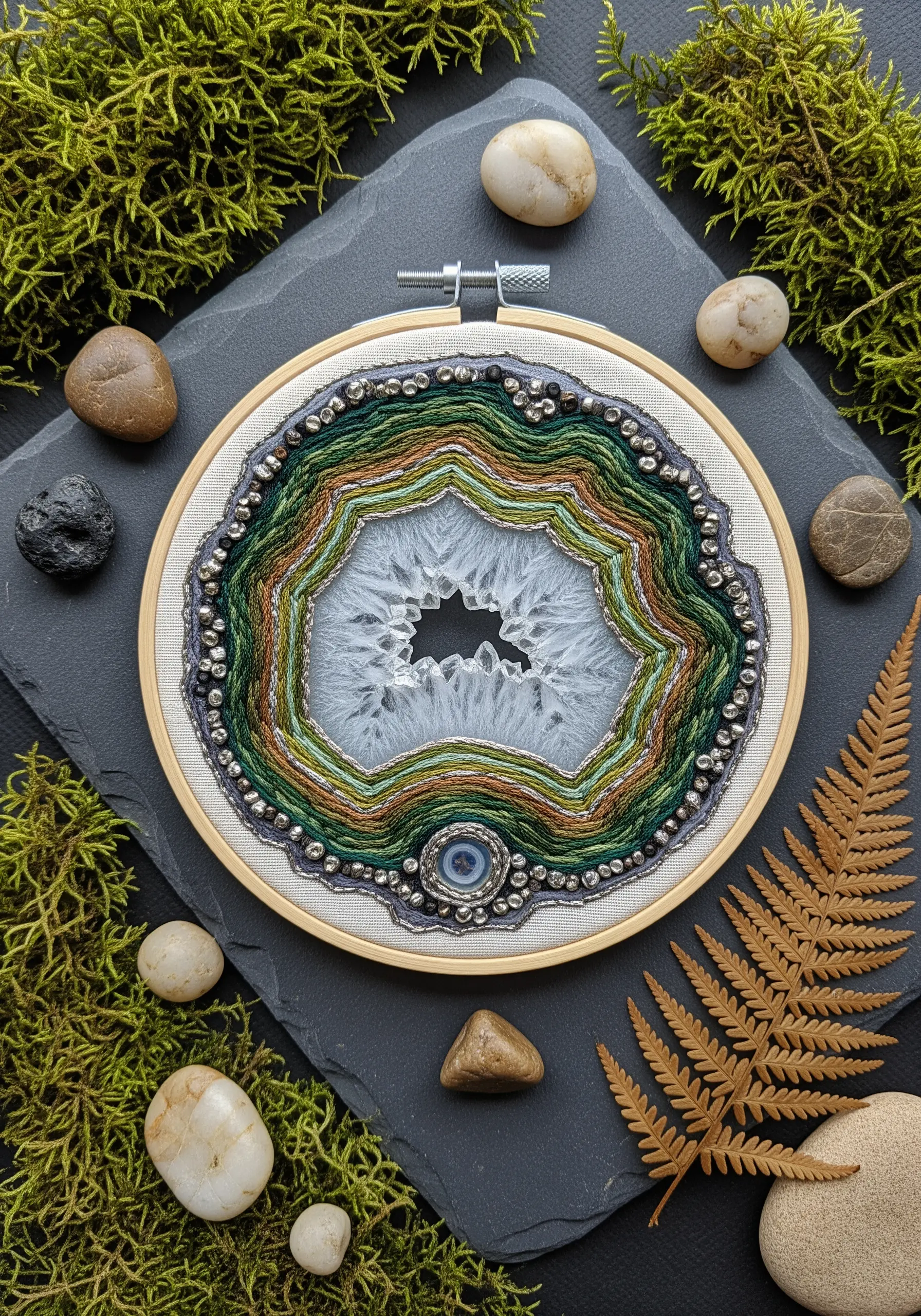 Embroidery hoop art of a geode with concentric rings of thread and beads.