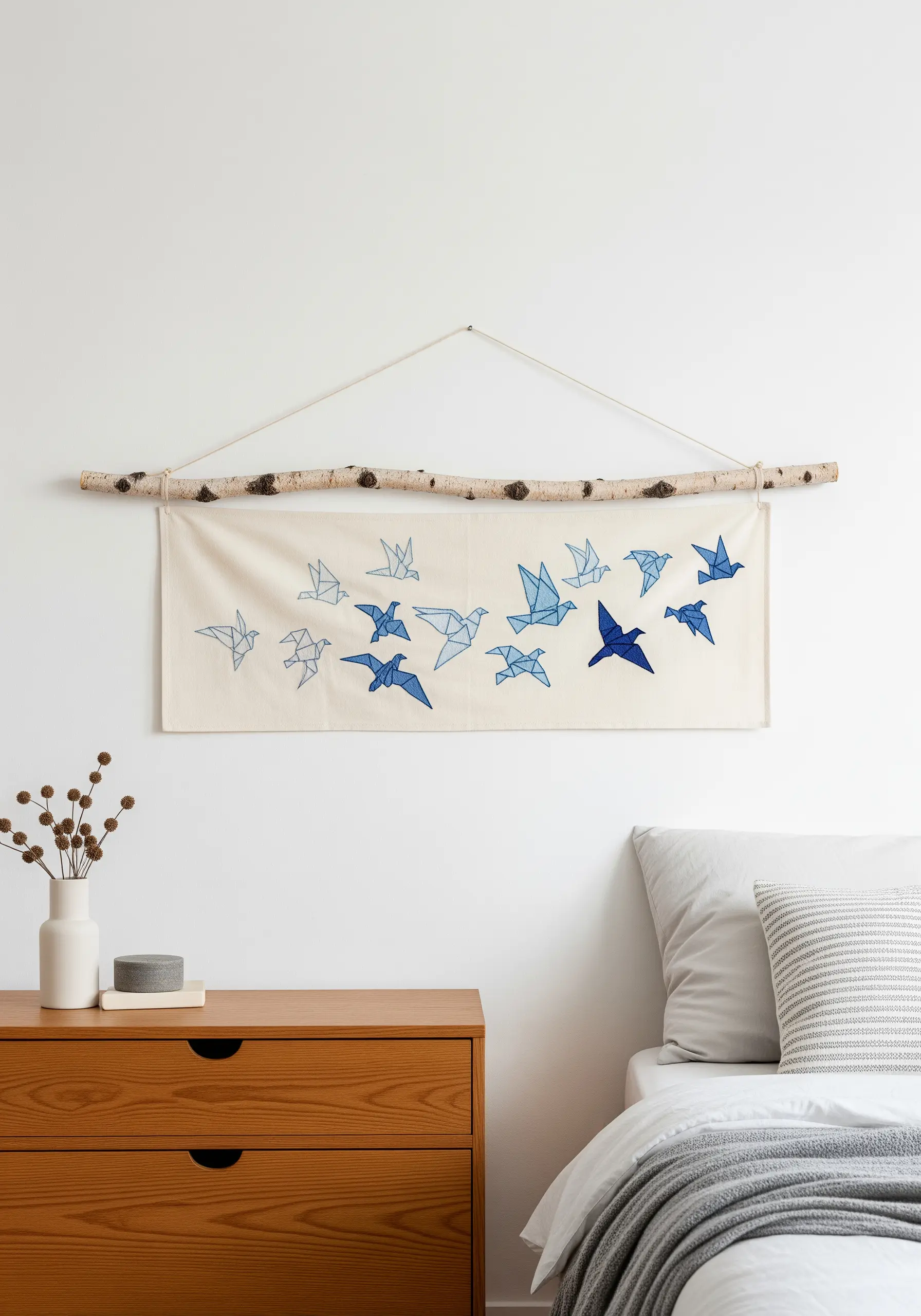 A wall hanging with blue origami-style birds embroidered in a gradient, hung from a birch branch.