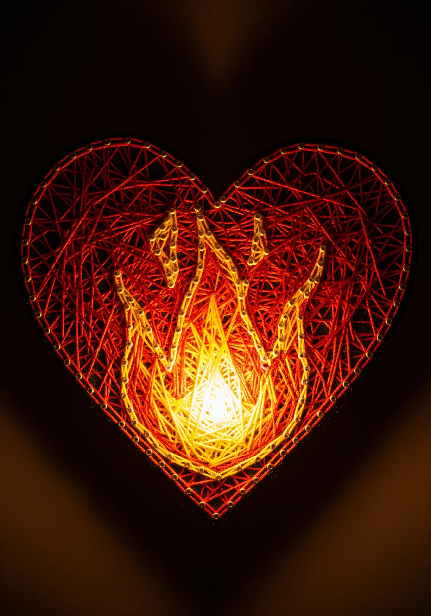 A string art heart in red and orange with a bright, glowing yellow flame design in the center.