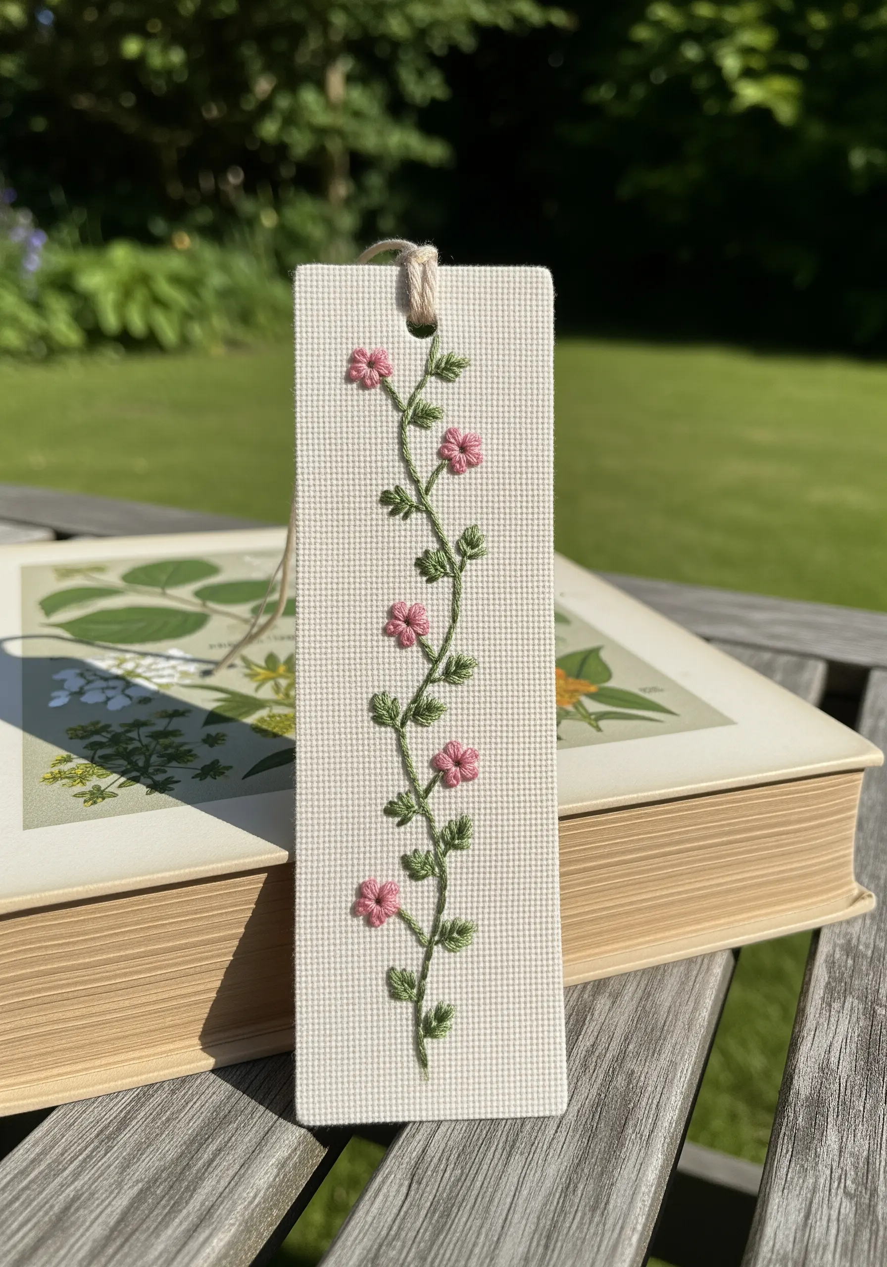 Delicate floral vine embroidered on off-white Aida cloth bookmark with pink flowers.