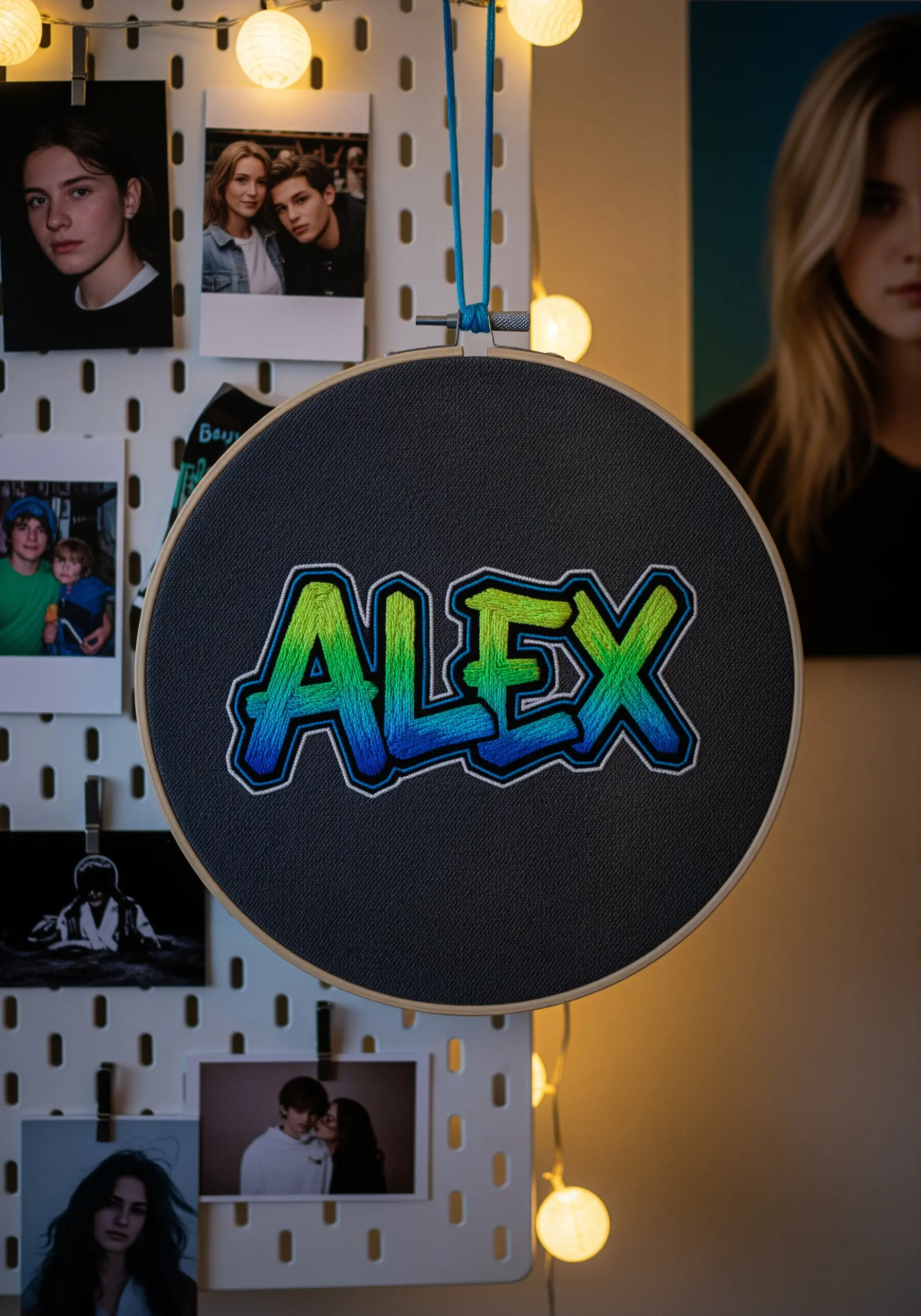 The name 'Alex' embroidered in a graffiti style with a blue-to-green color gradient.