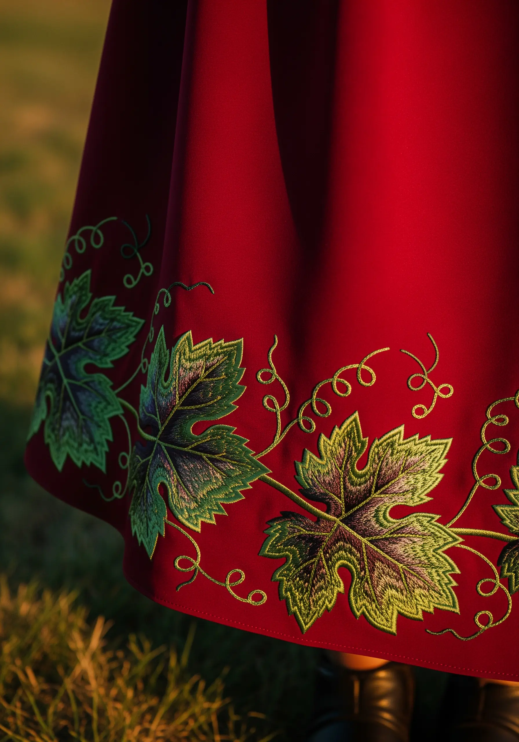 Embroidered grapevine leaves with highlights and shadows along the hem of a red skirt.