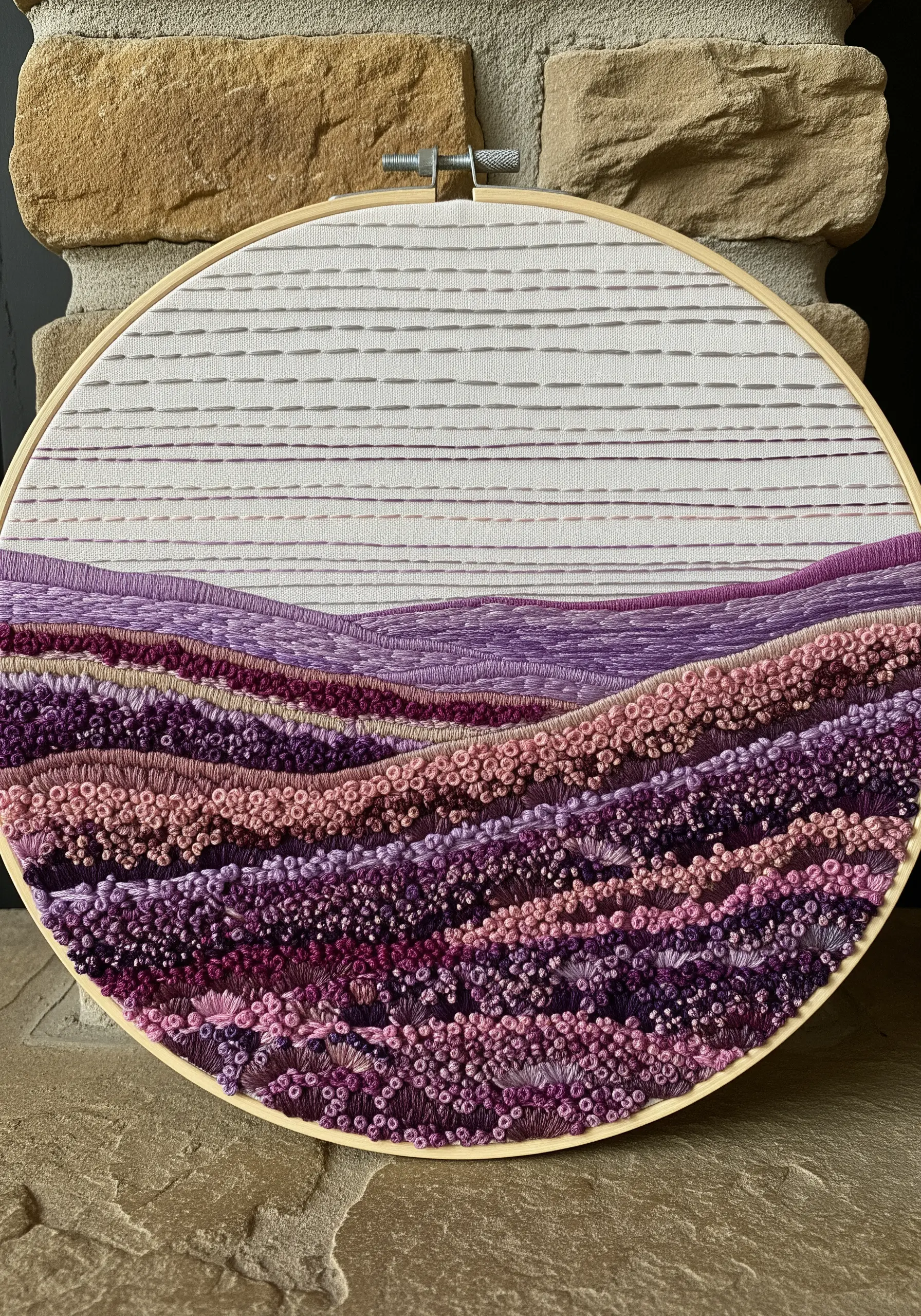 Embroidery hoop depicting rolling hills of purple and pink heather with French knots.