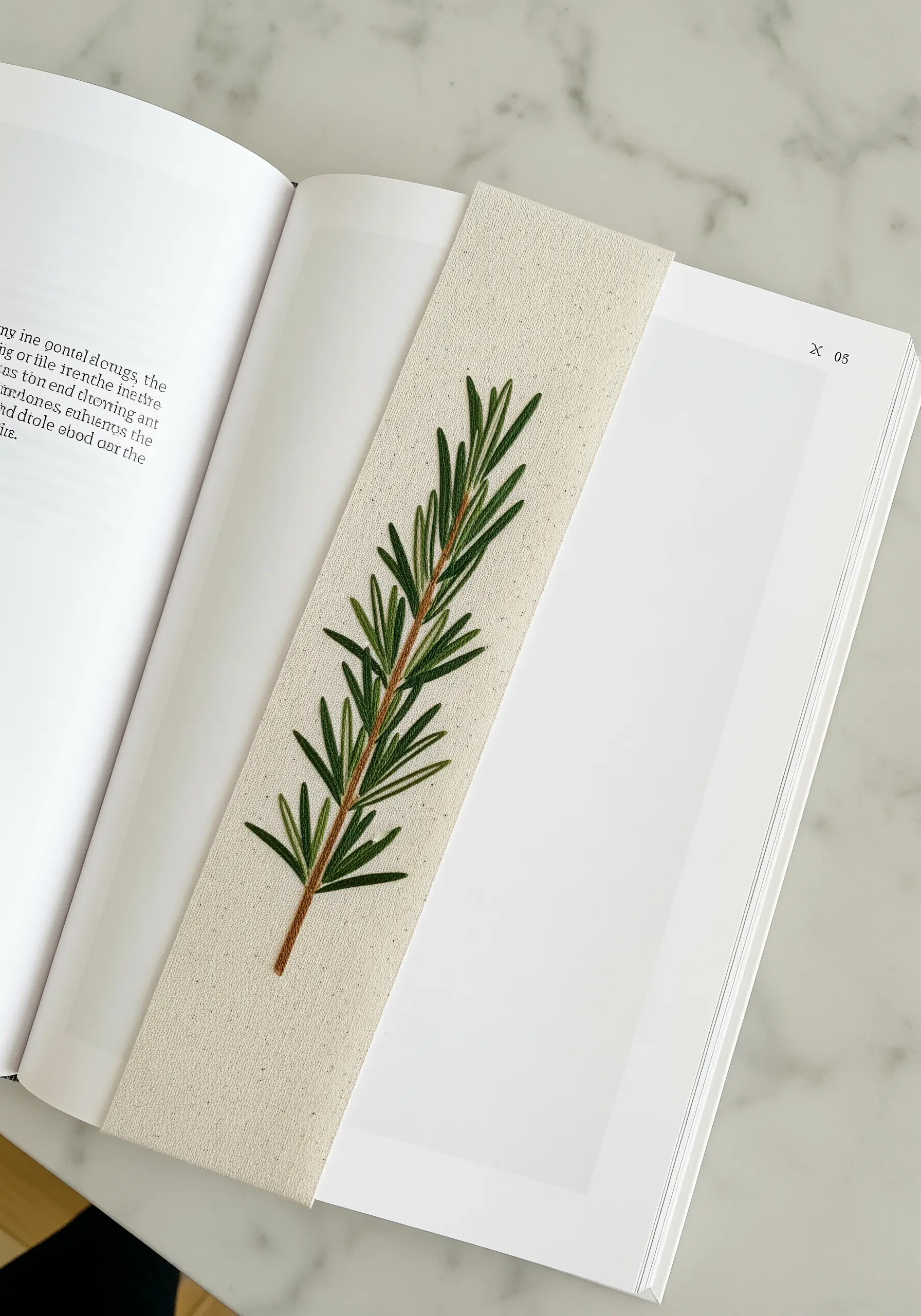 A realistic sprig of rosemary embroidered onto a narrow linen bookmark.