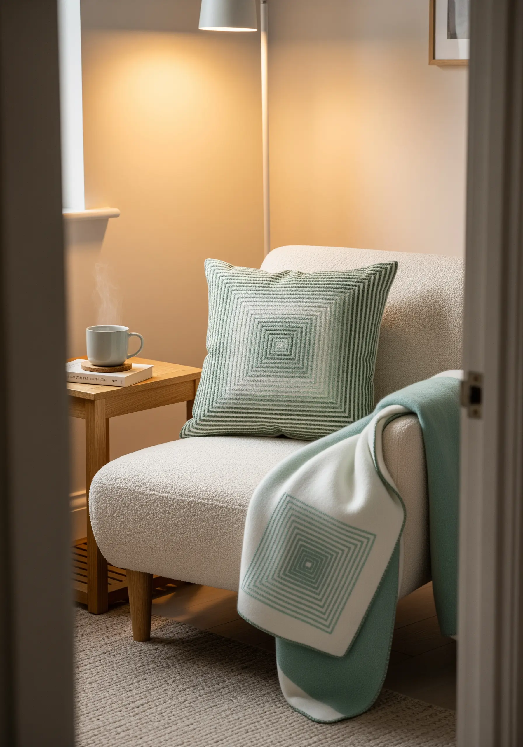 A square pillow with an embroidered green-to-white gradient in a concentric square pattern.