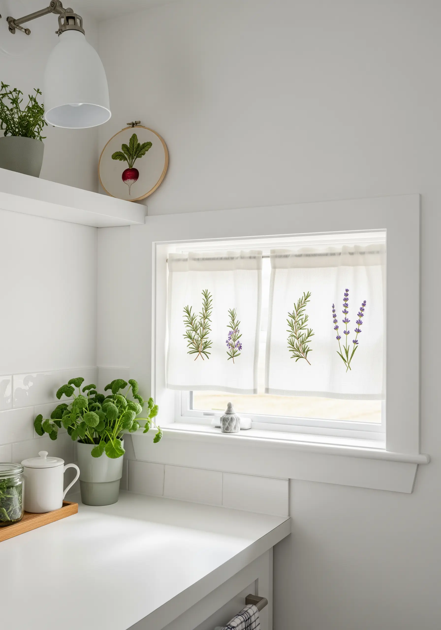 Small white café curtains with embroidered lavender and rosemary sprigs in a kitchen.