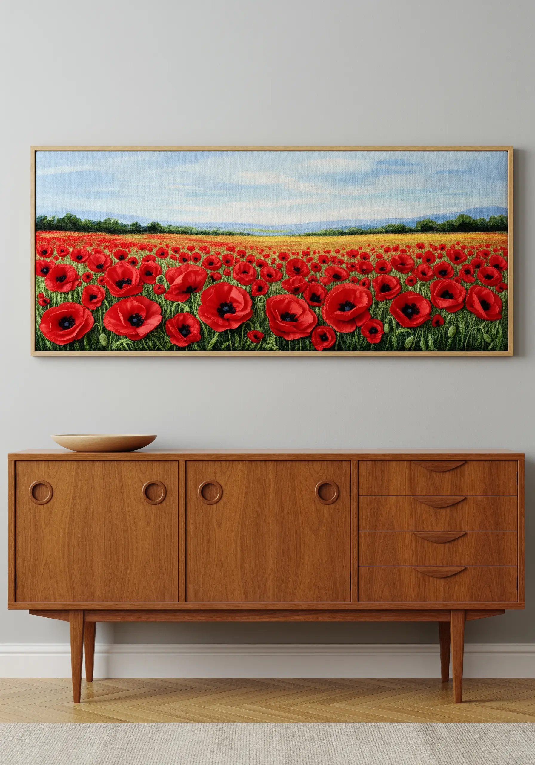 A wide framed embroidery of a poppy field landscape, showing depth and perspective.