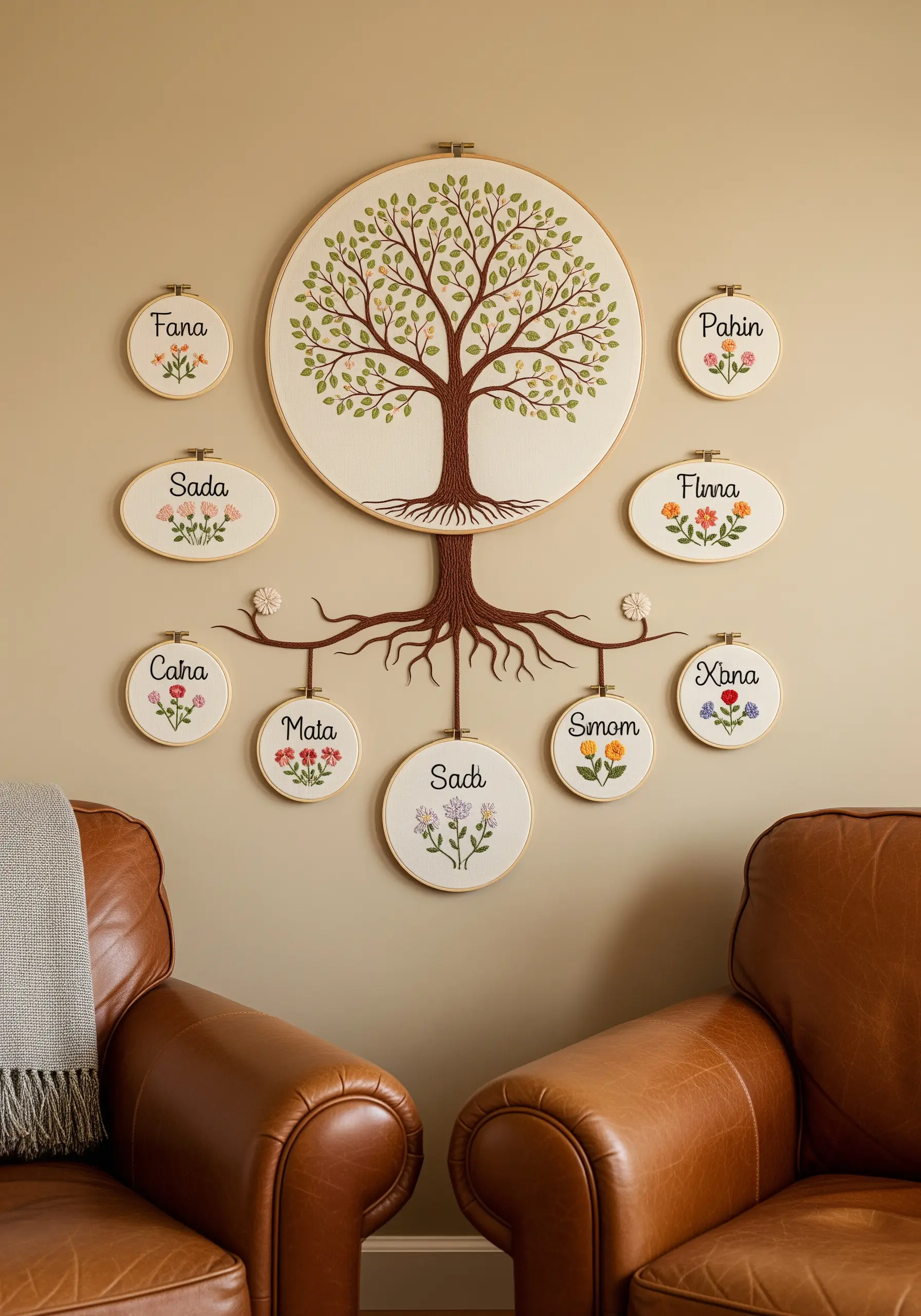 An embroidered family tree with a large central tree and smaller hoops for family names.