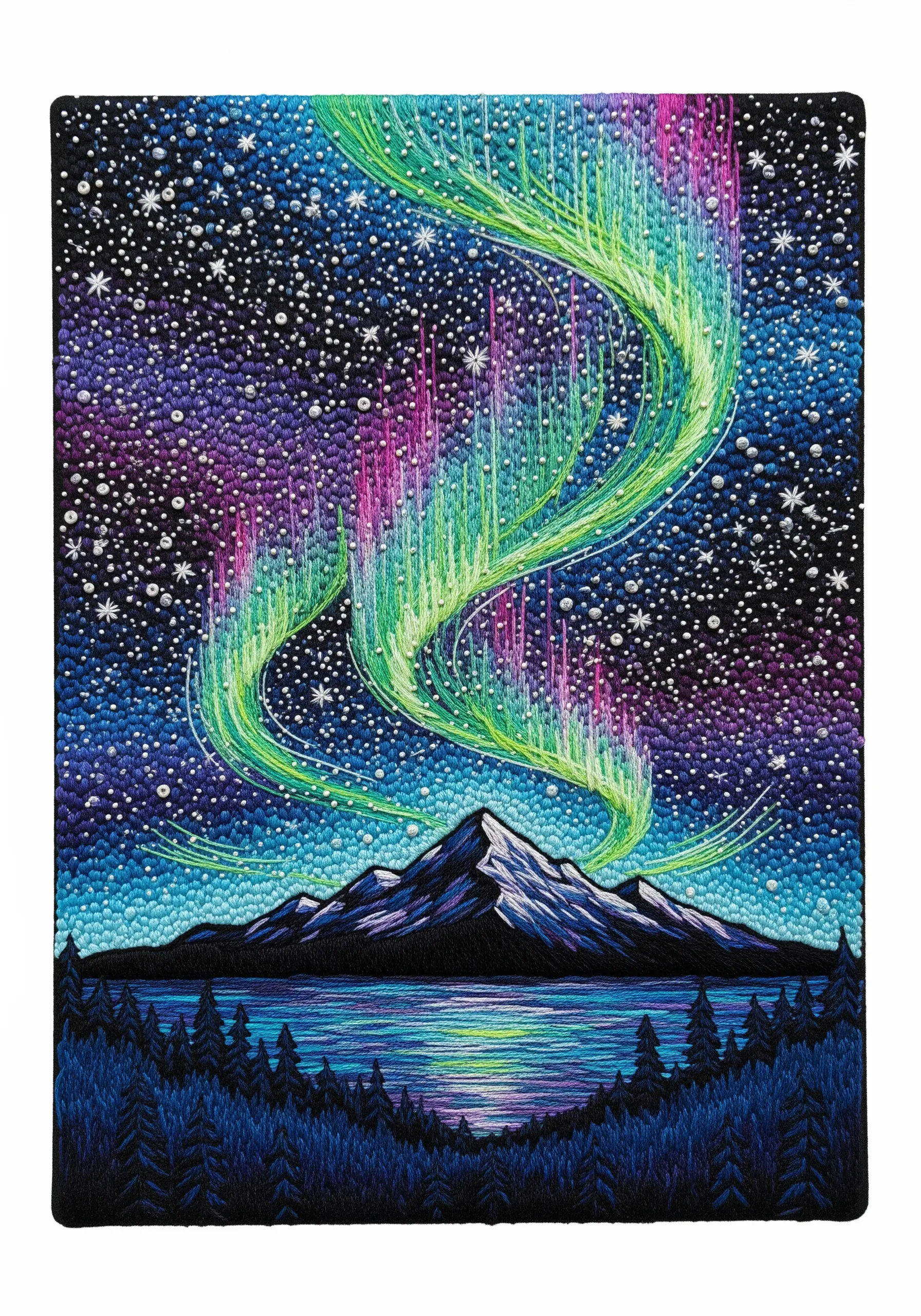 Embroidery of the Aurora Borealis with flowing green and pink lights over a mountain.