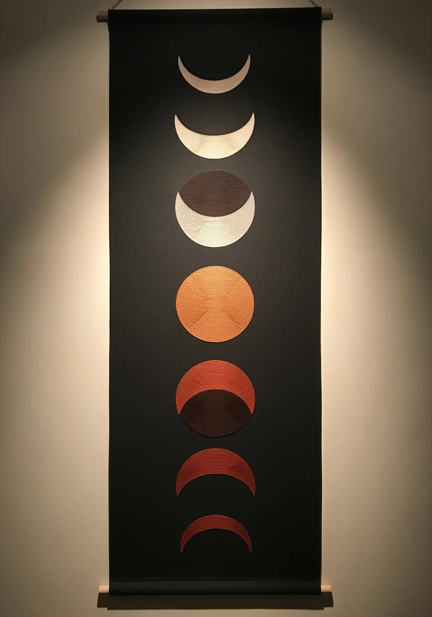 A vertical wall hanging showing moon phases embroidered in earth tones on black fabric.