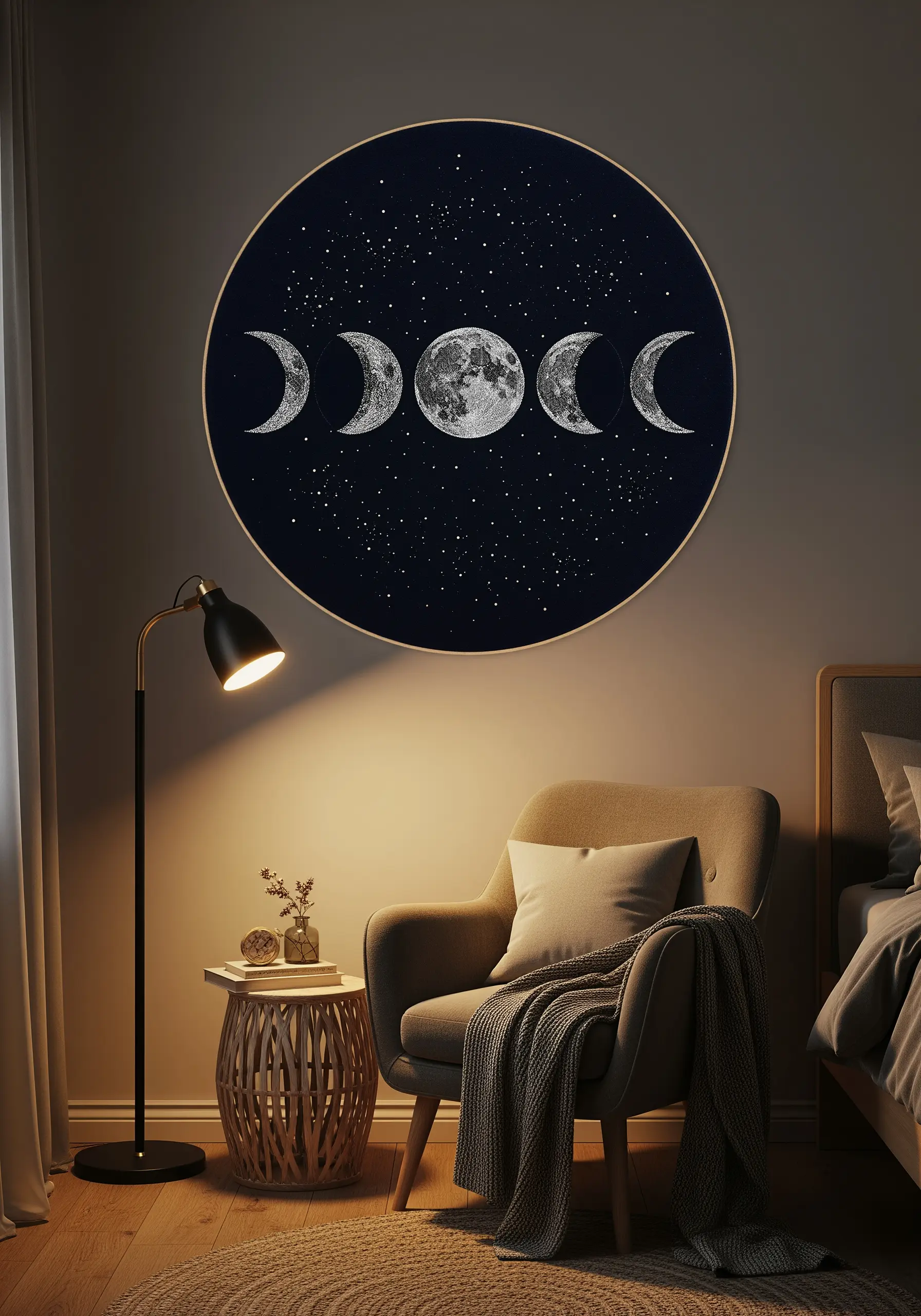 Embroidery of the moon phases in a circle on dark navy fabric, showing detailed texture.