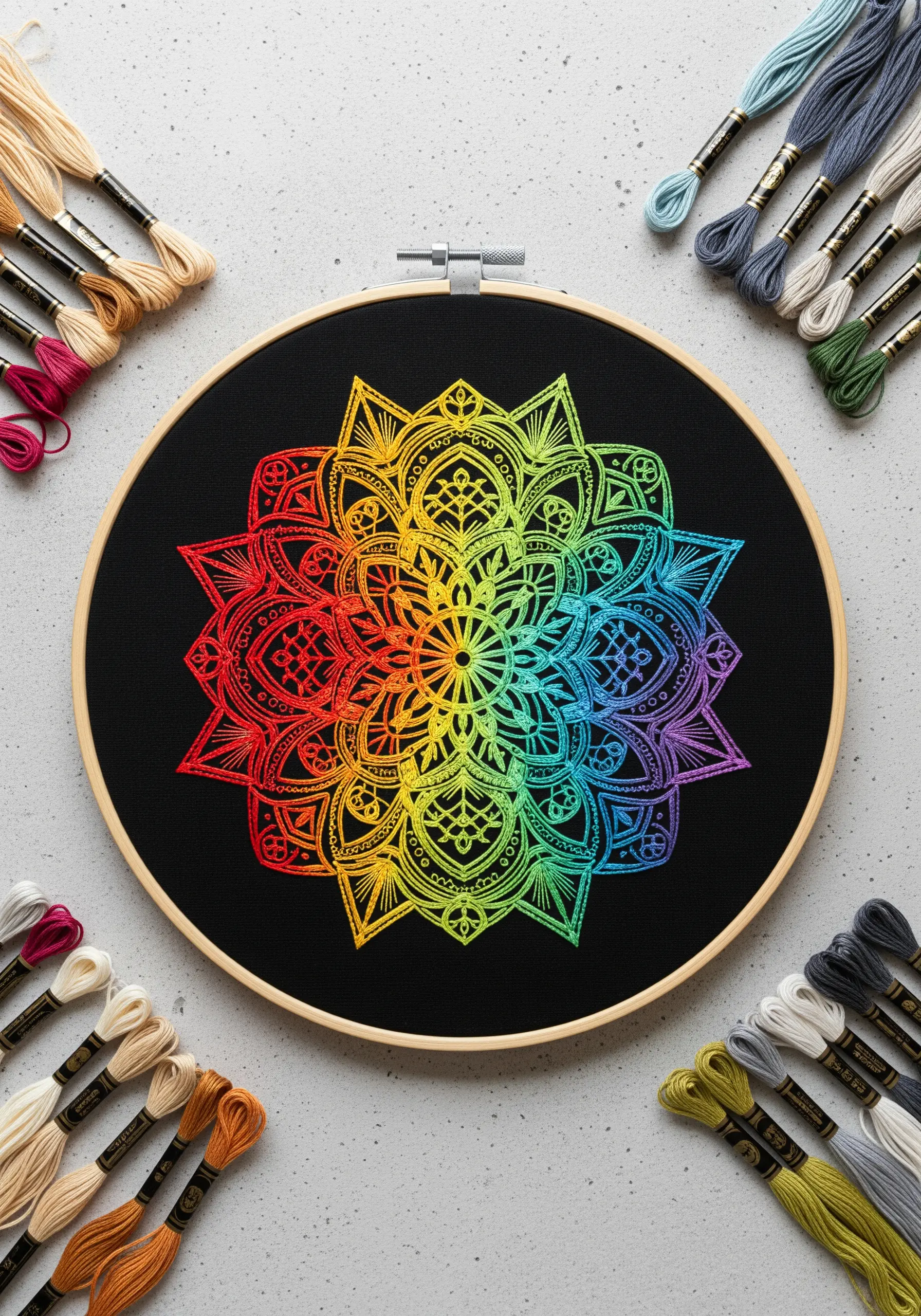 A complex rainbow mandala embroidered on black fabric, surrounded by colorful floss.