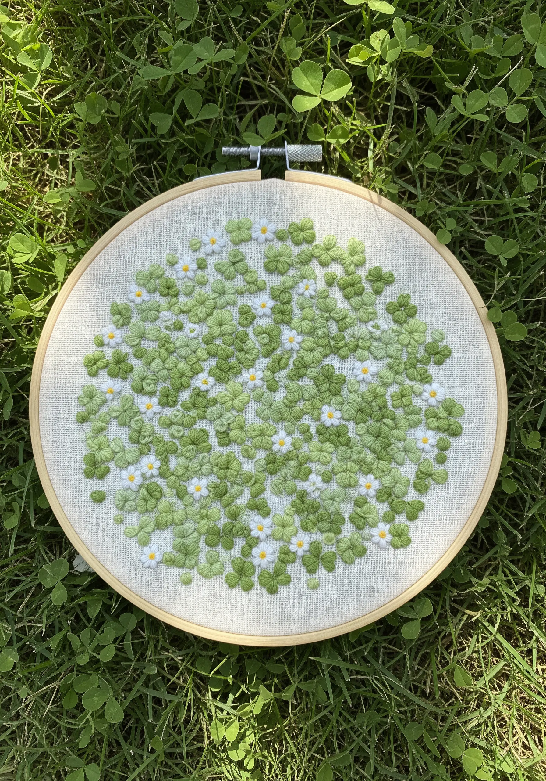 Embroidery hoop filled with a dense pattern of green clover and small white daisies.