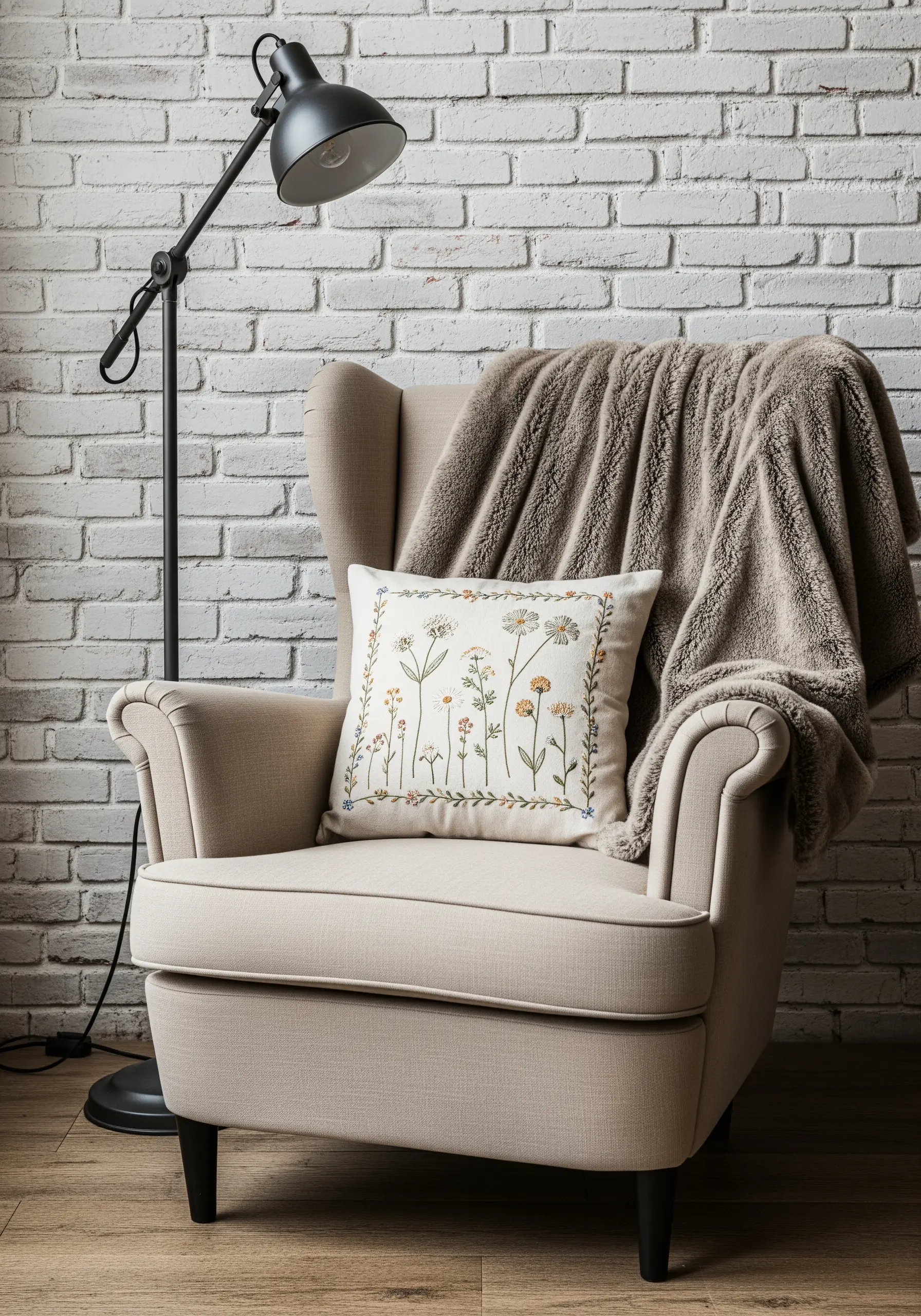 Delicate wildflower embroidery on a beige cushion using single-strand floss.