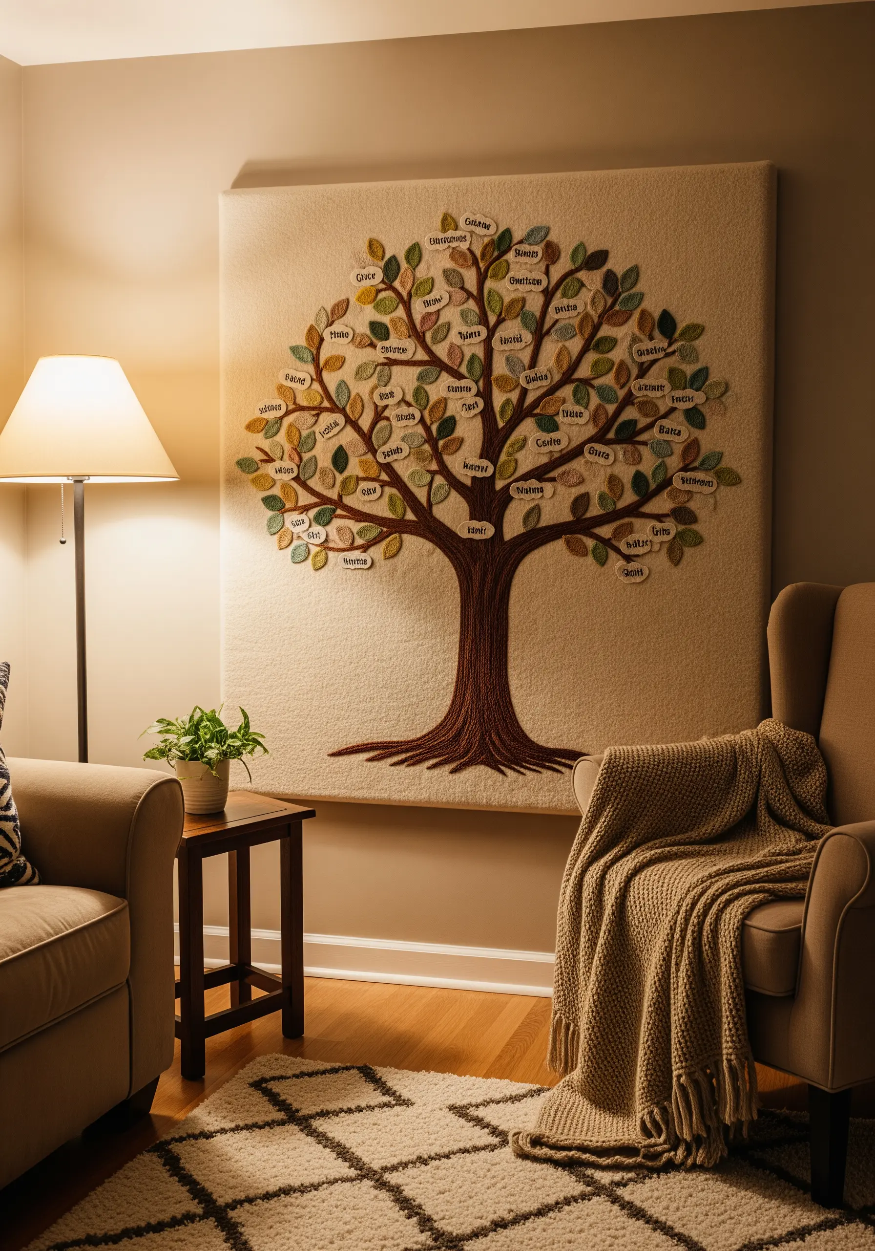 A large embroidered wall hanging of a family tree with names stitched onto individual leaves