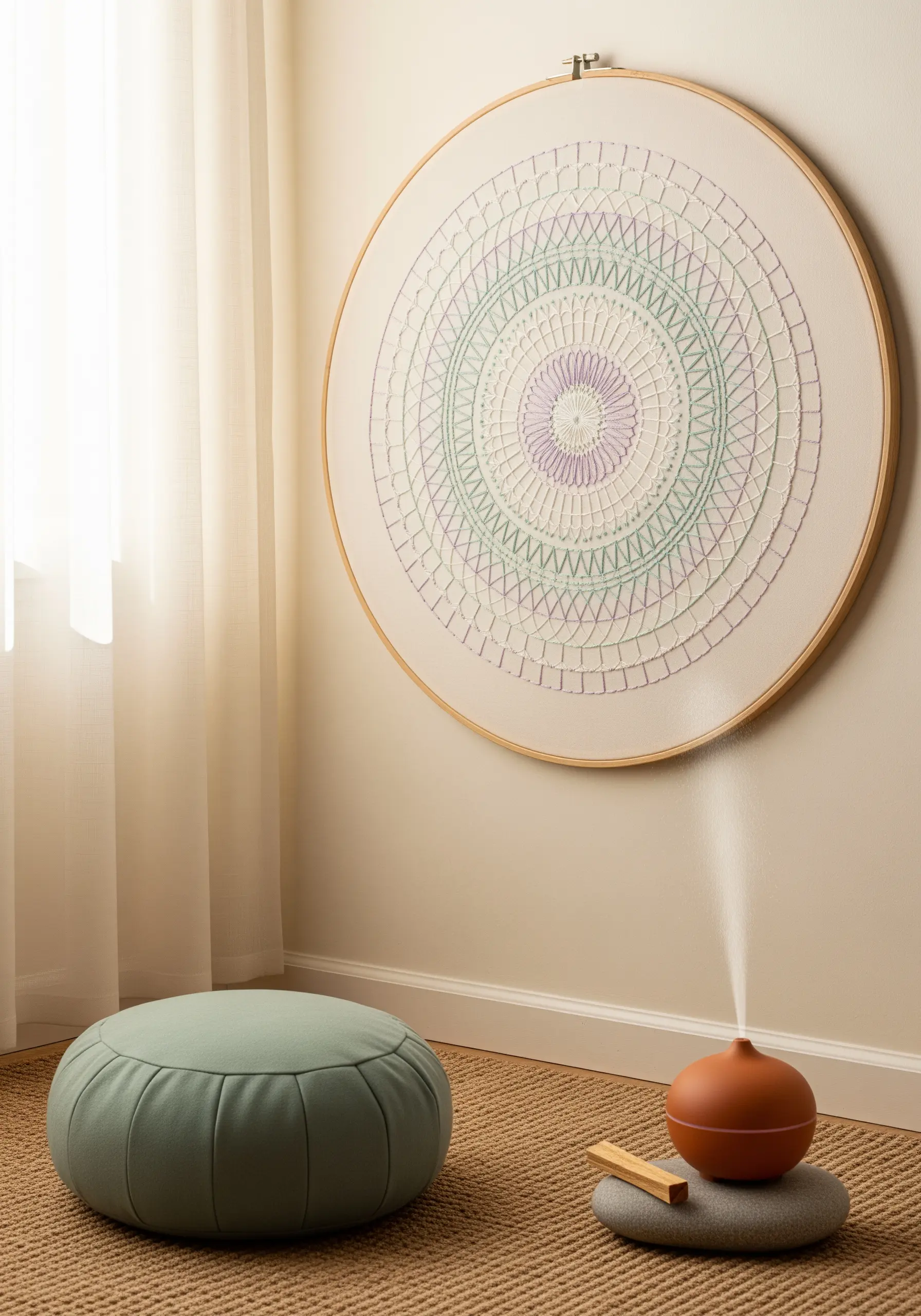 A large embroidery hoop displaying a geometric mandala stitched in soft, pastel colors