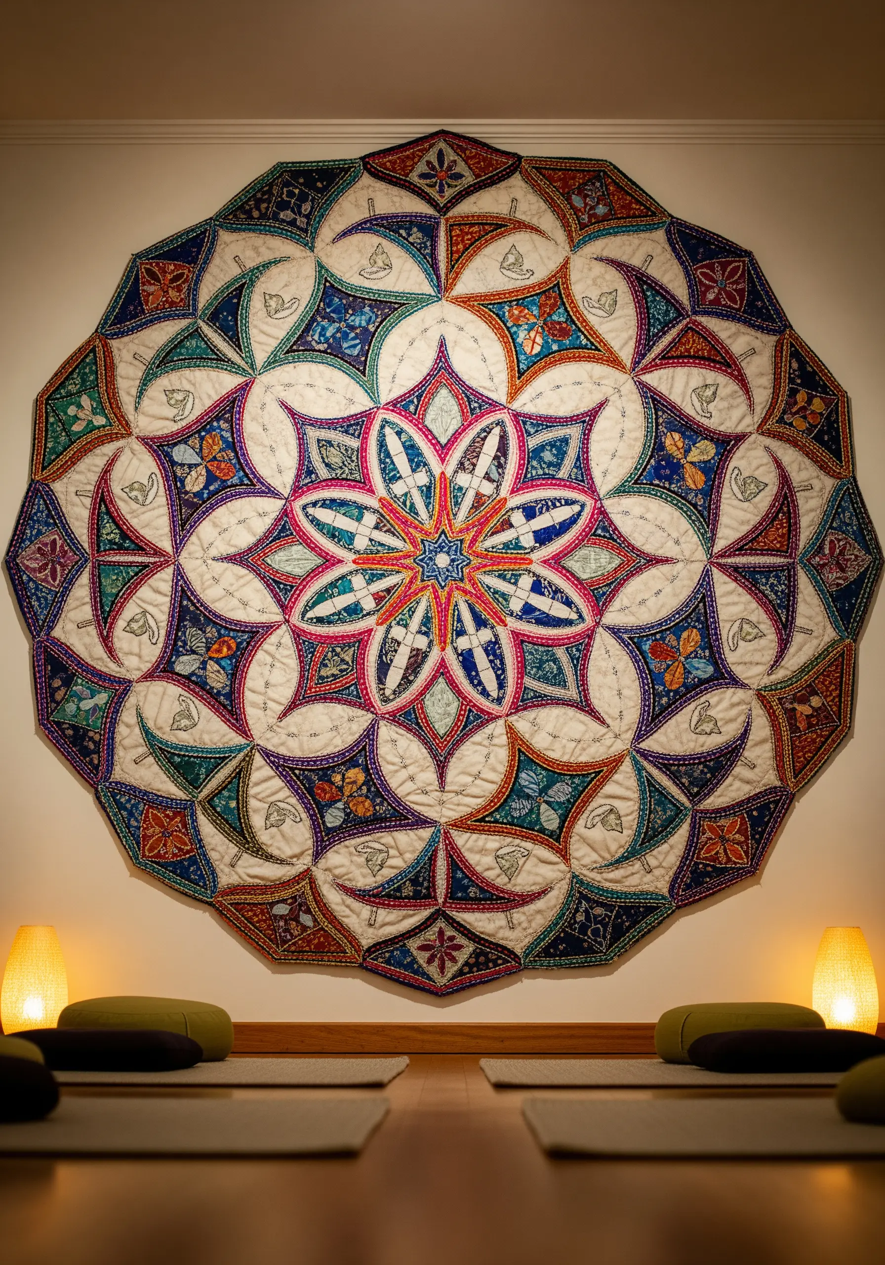 Large, circular quilted wall hanging with an intricate mandala pattern.