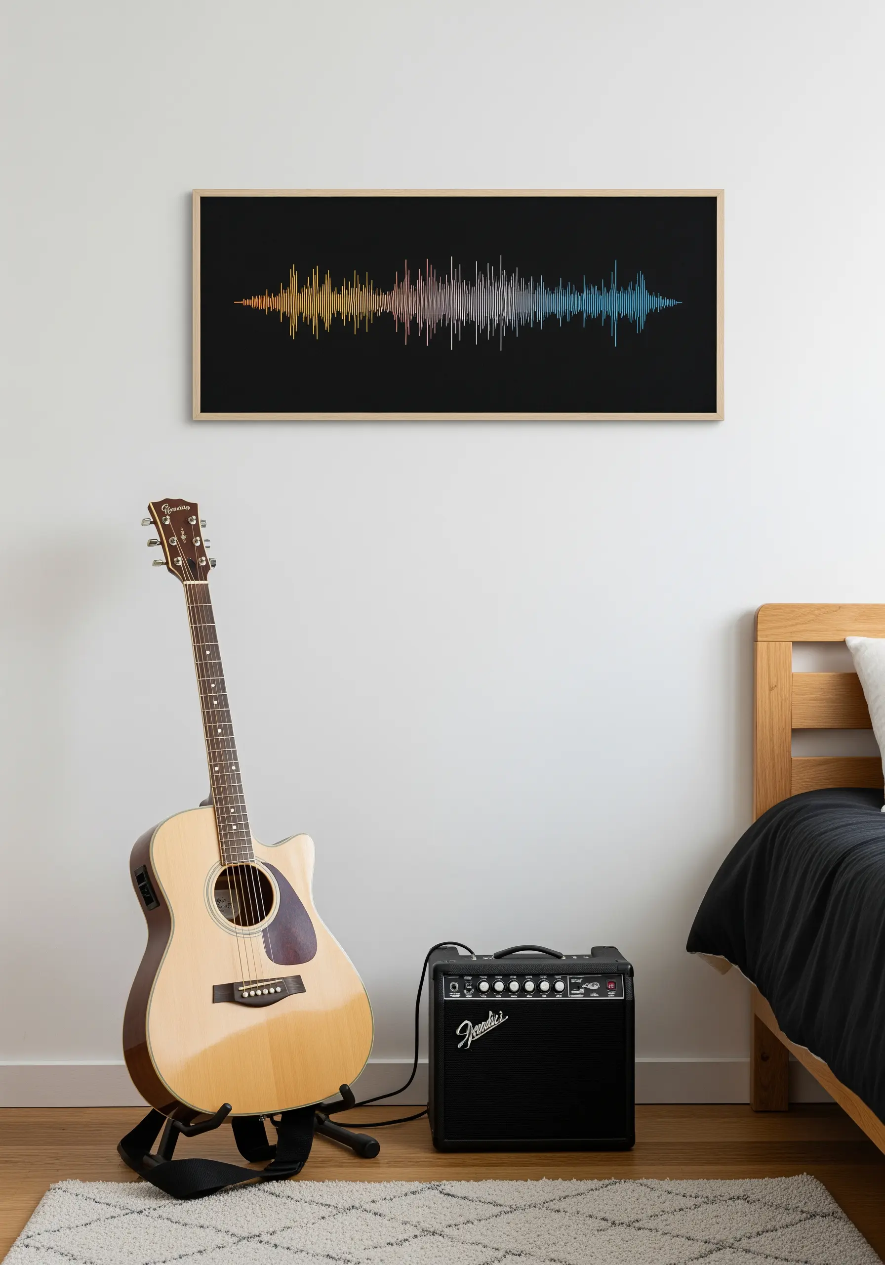 A framed embroidery of a colorful soundwave on a black background.