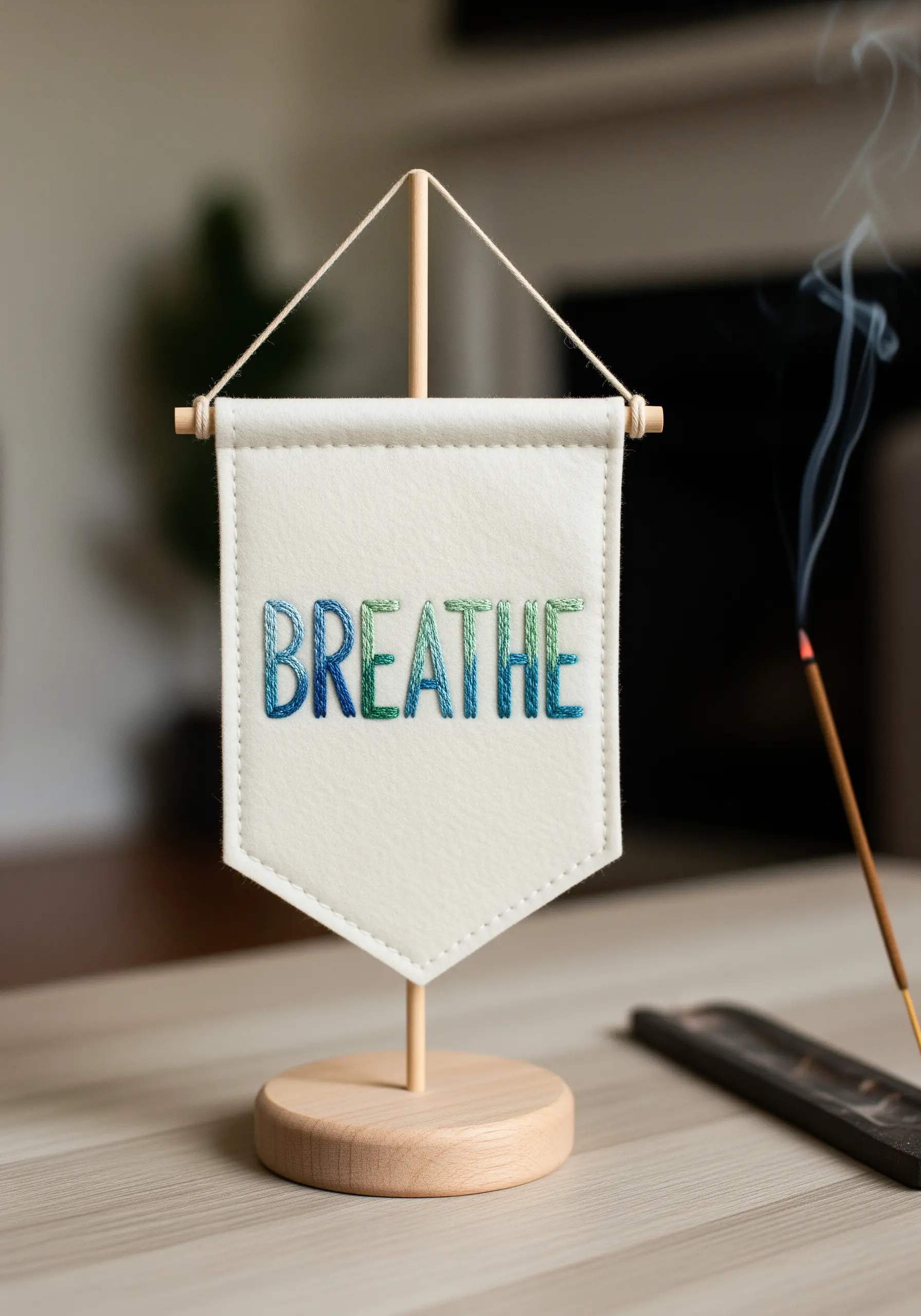 A small banner with the word 'BREATHE' embroidered in a blue-to-green color gradient.