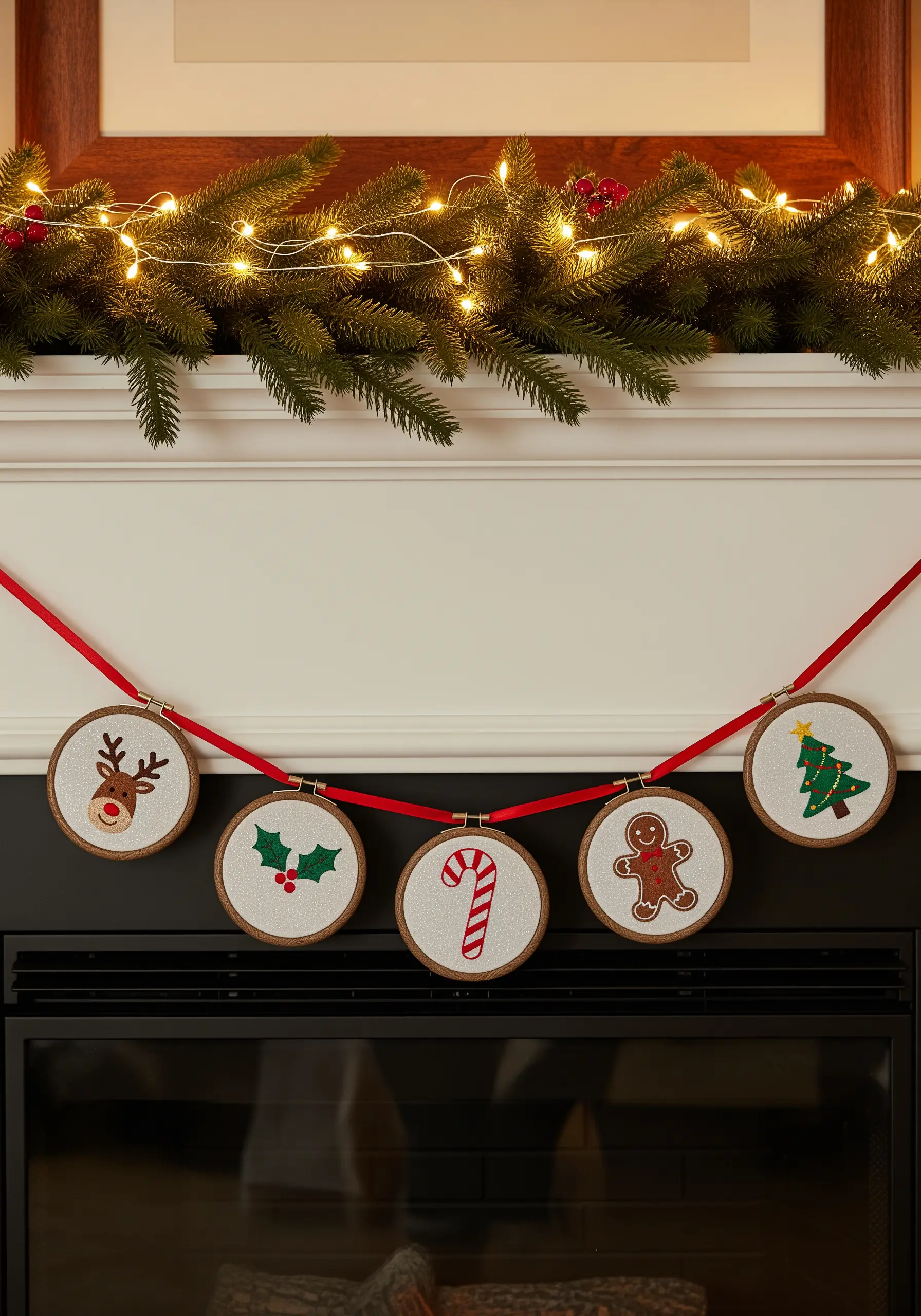 A holiday garland made of five mini embroidery hoops with festive motifs.