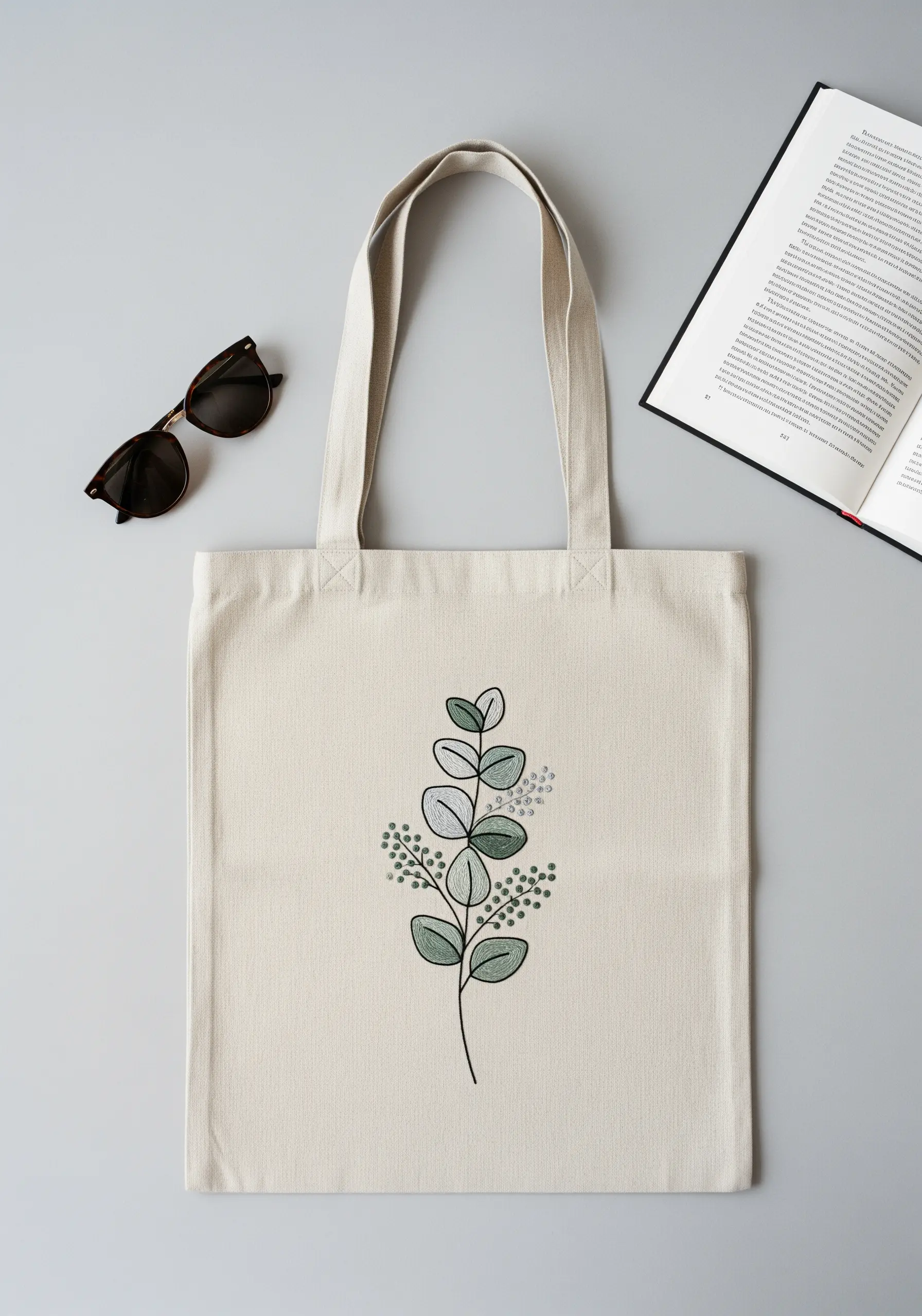 Minimalist eucalyptus branch with simple stitches on a natural canvas tote bag.