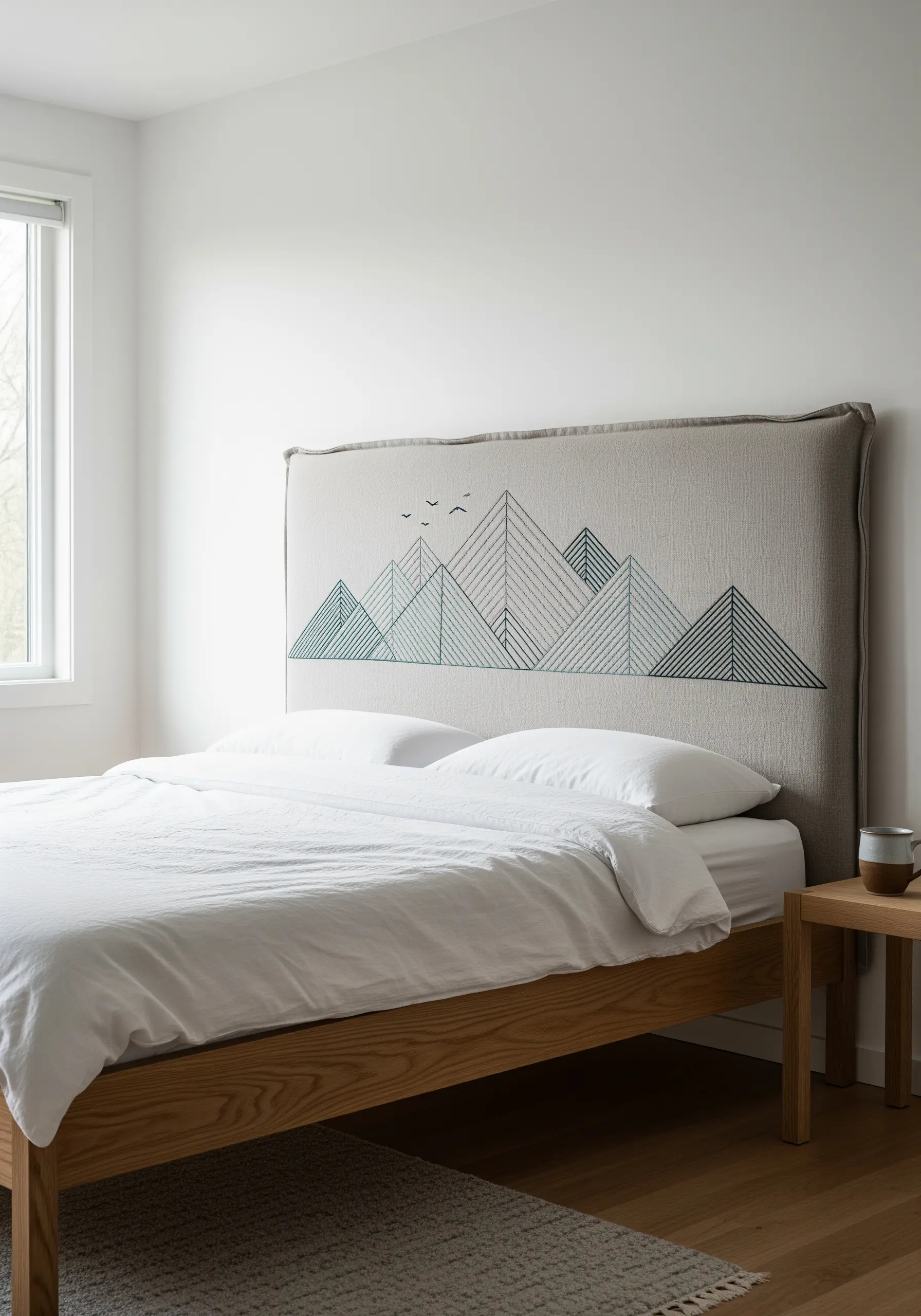 Minimalist mountain range embroidered on a linen headboard in shades of green and black.