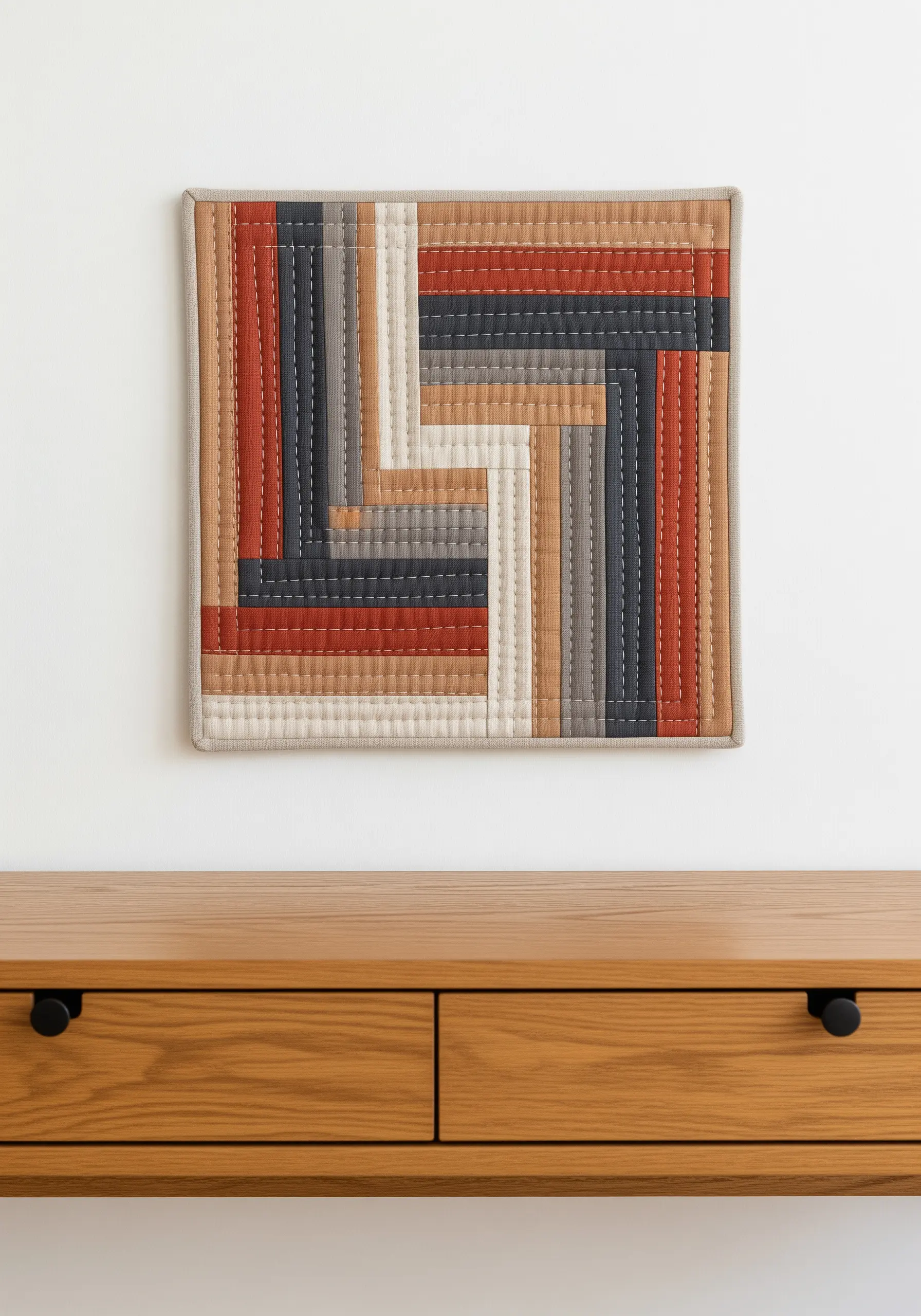 A modern quilted wall hanging with geometric lines in earthy, neutral tones.