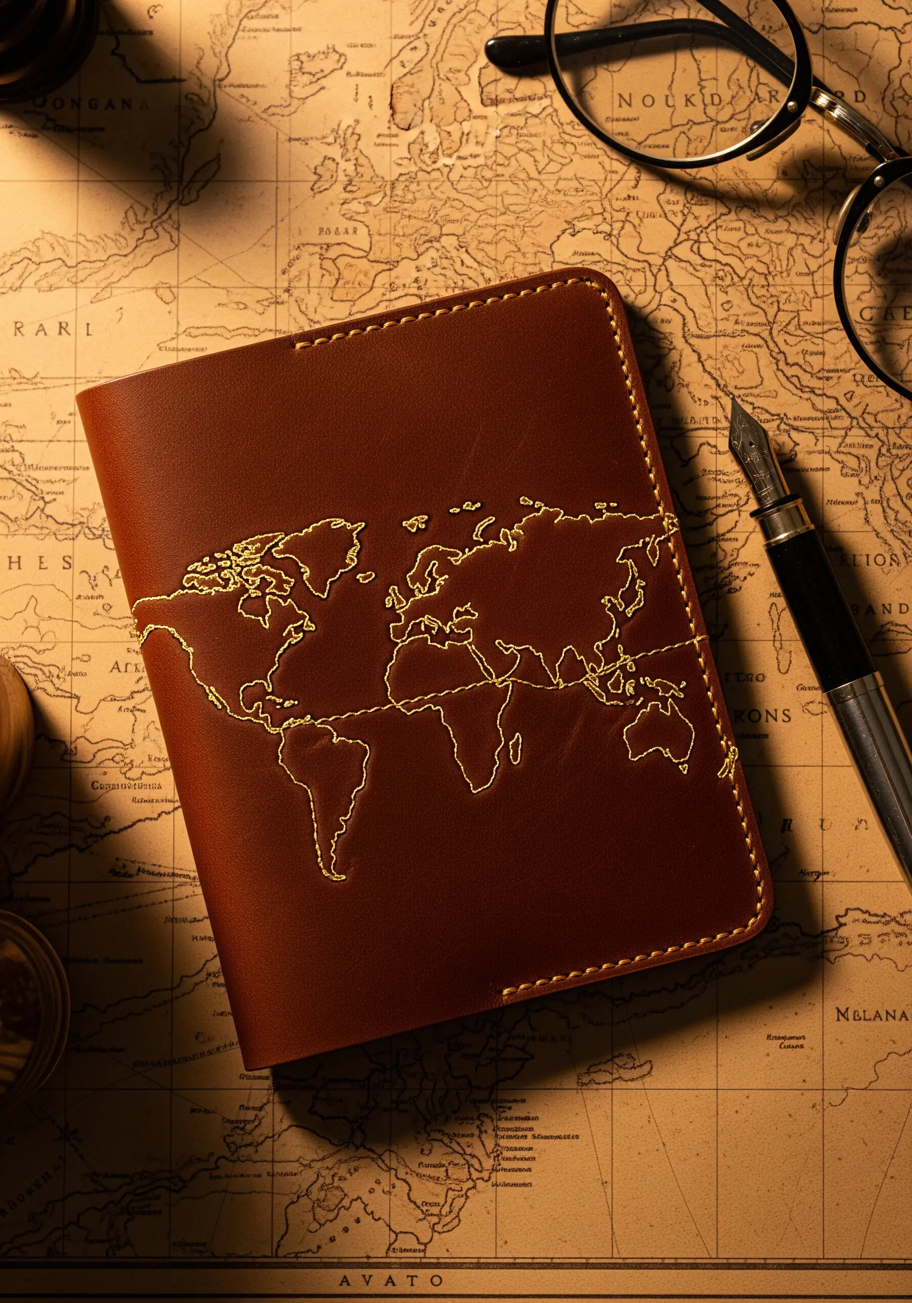 A brown leather journal cover with a world map outlined in a simple gold backstitch.
