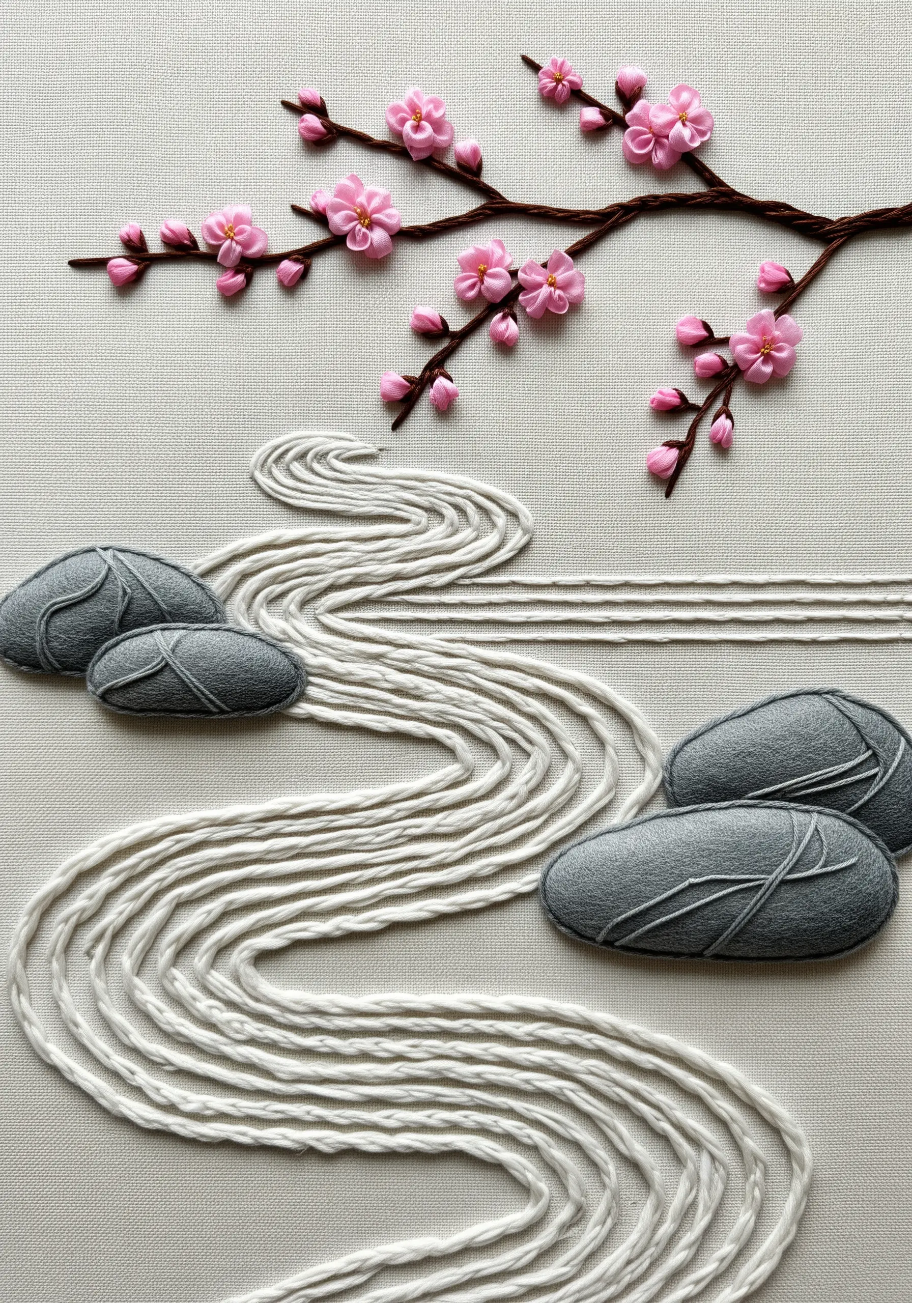 Minimalist Zen garden embroidery with padded satin stitch stones and ribbon flowers.