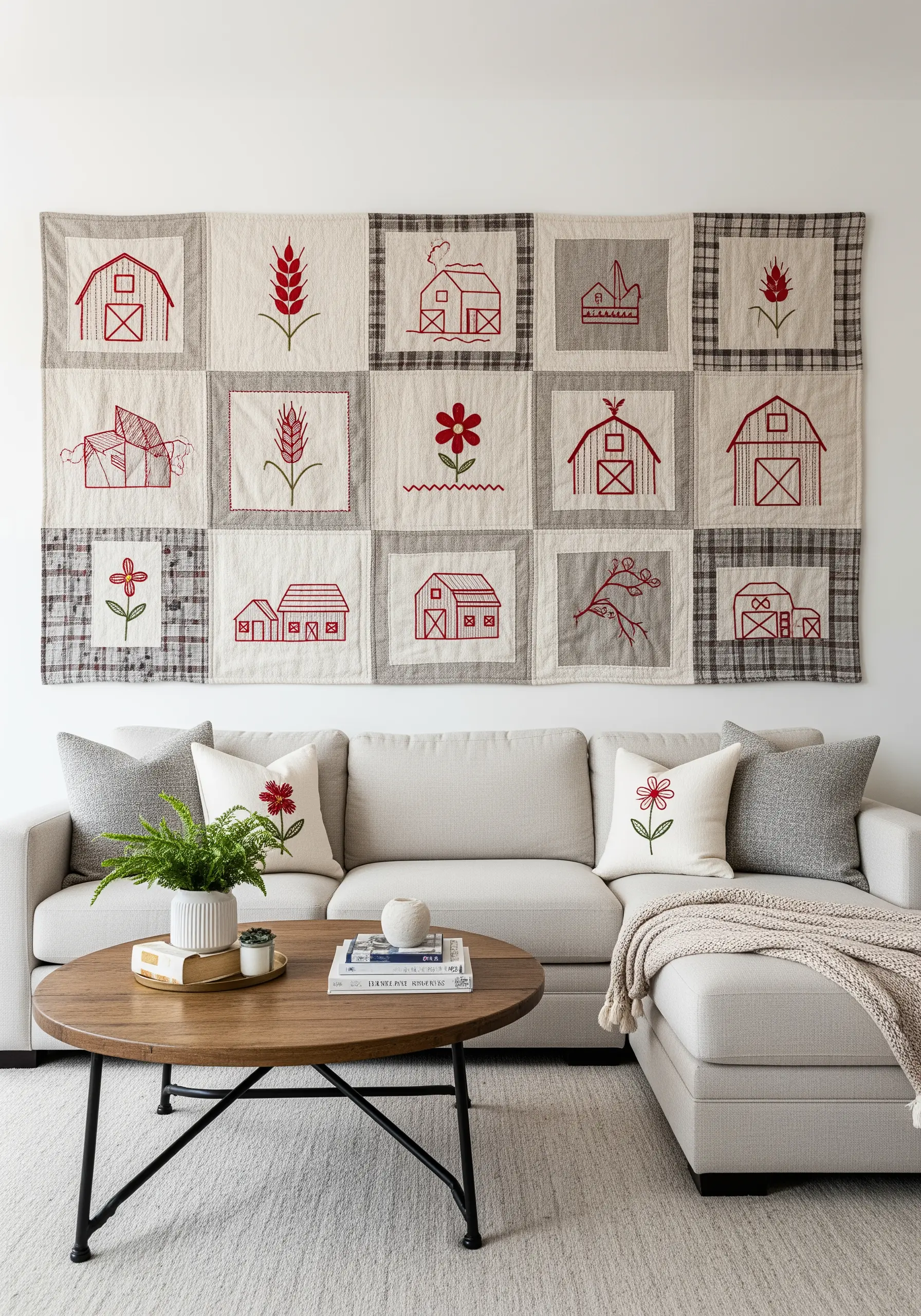 A quilted wall hanging with embroidered redwork blocks depicting farm scenes and botanicals