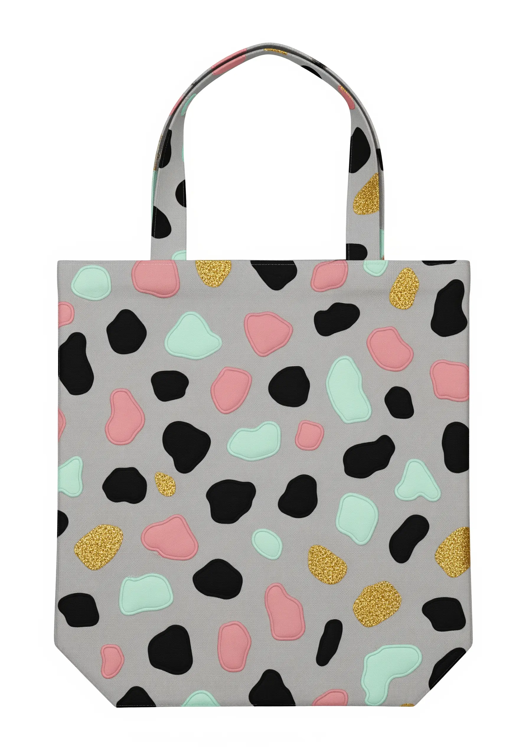 A terrazzo-style pattern with pink, mint, black, and gold embroidered shapes