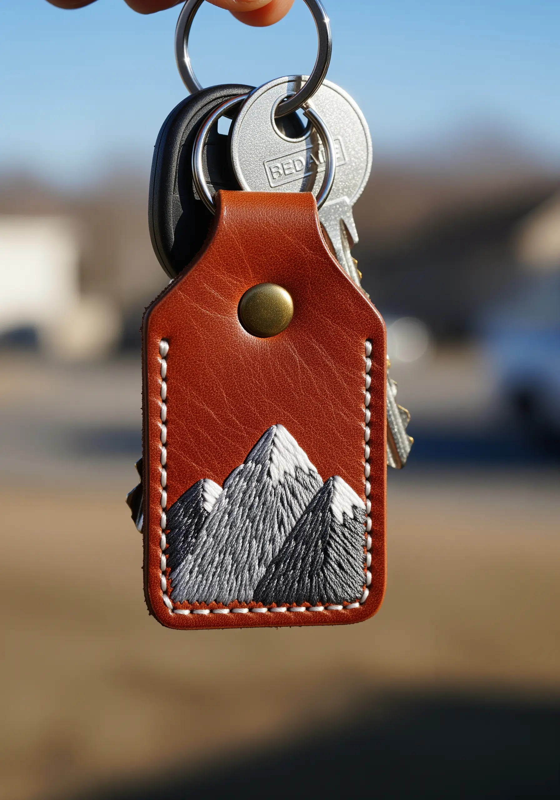 A leather keychain with a hand-embroidered mountain range in shades of gray and white.