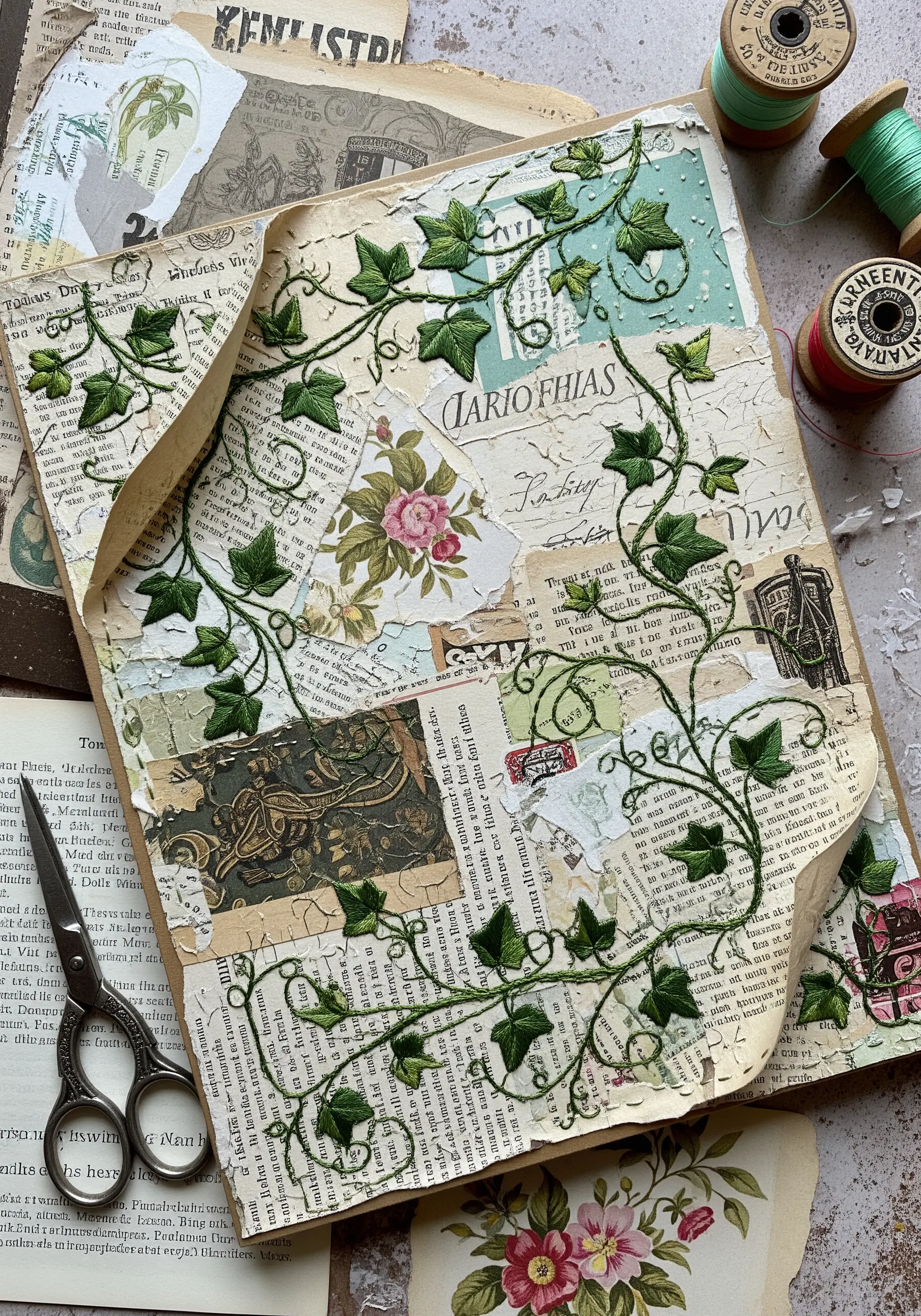 Embroidered ivy vines growing across a collage of vintage book pages and floral scraps.