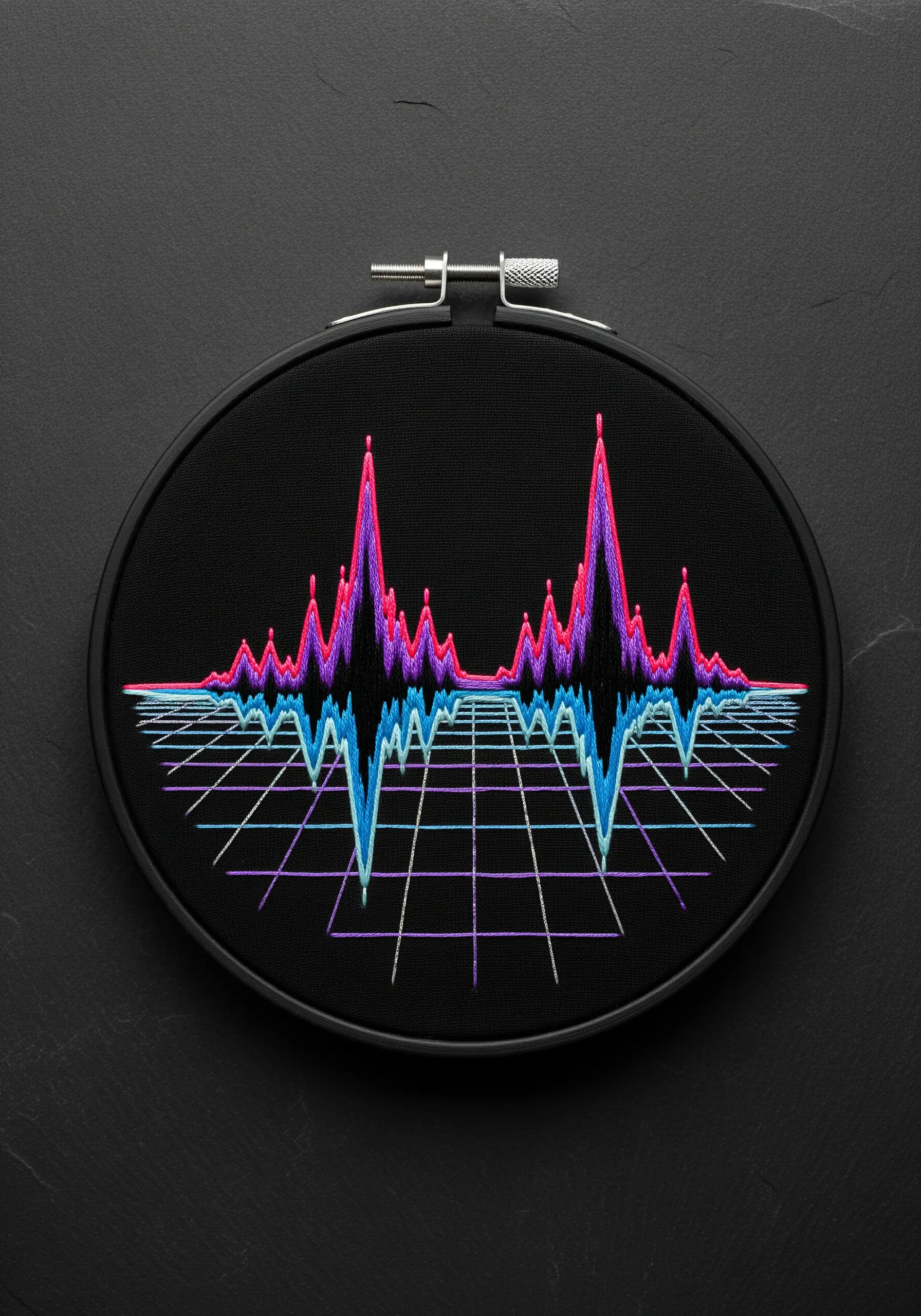 Embroidery of a neon pink and blue soundwave on black fabric with a grid.