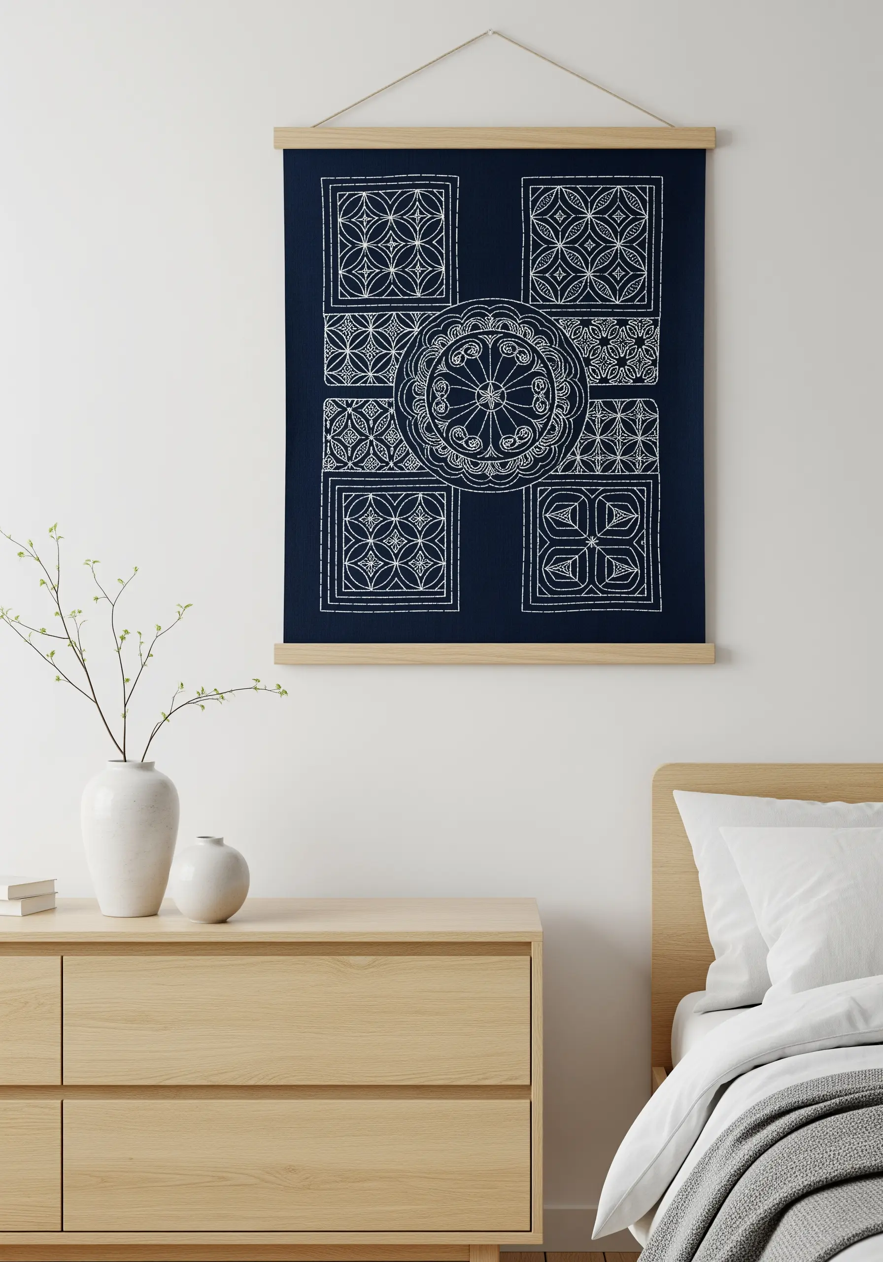 A navy blue wall hanging with a patchwork of Japanese Sashiko embroidery patterns.
