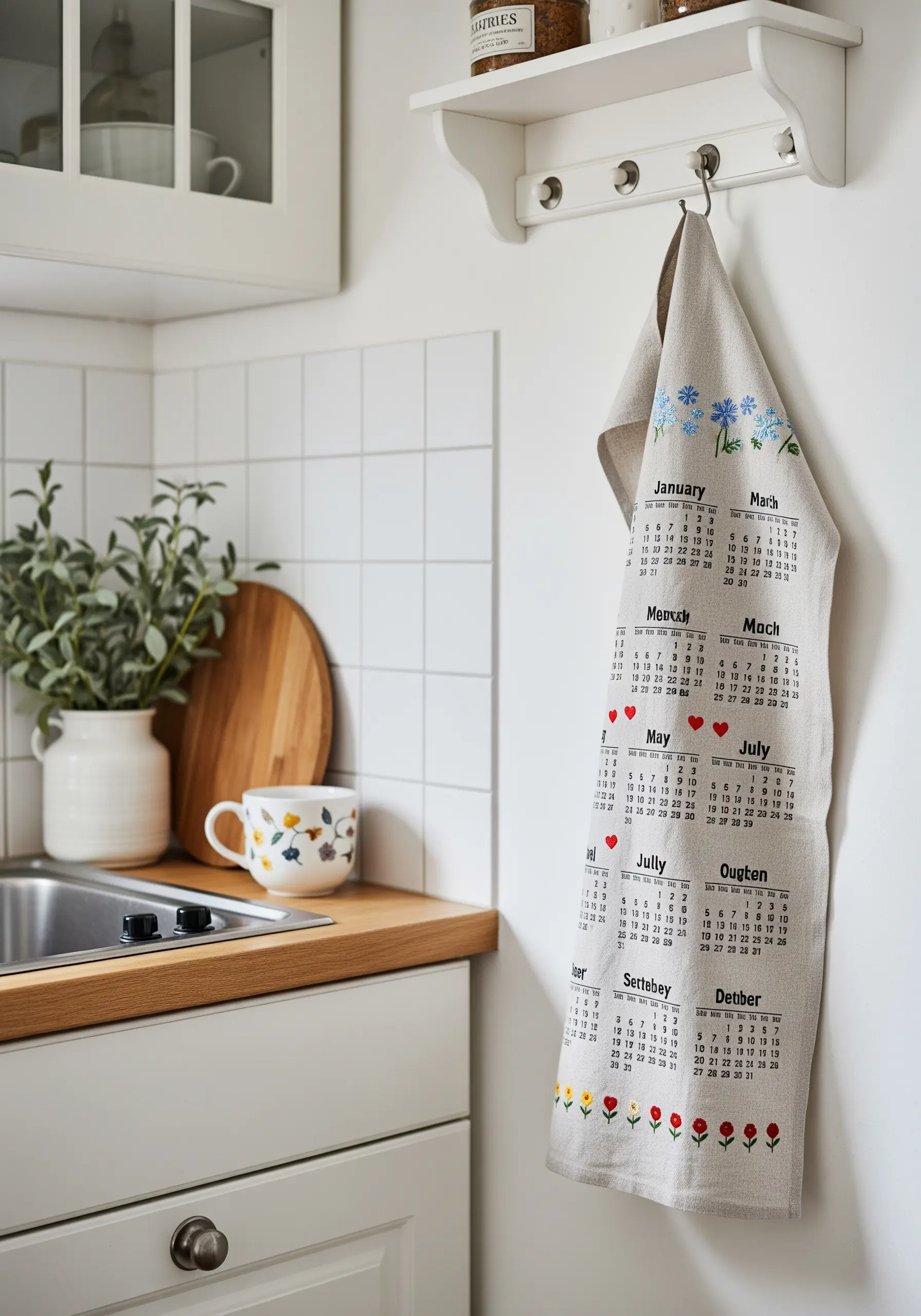A linen tea towel embroidered with a full year calendar and small, colorful floral motifs