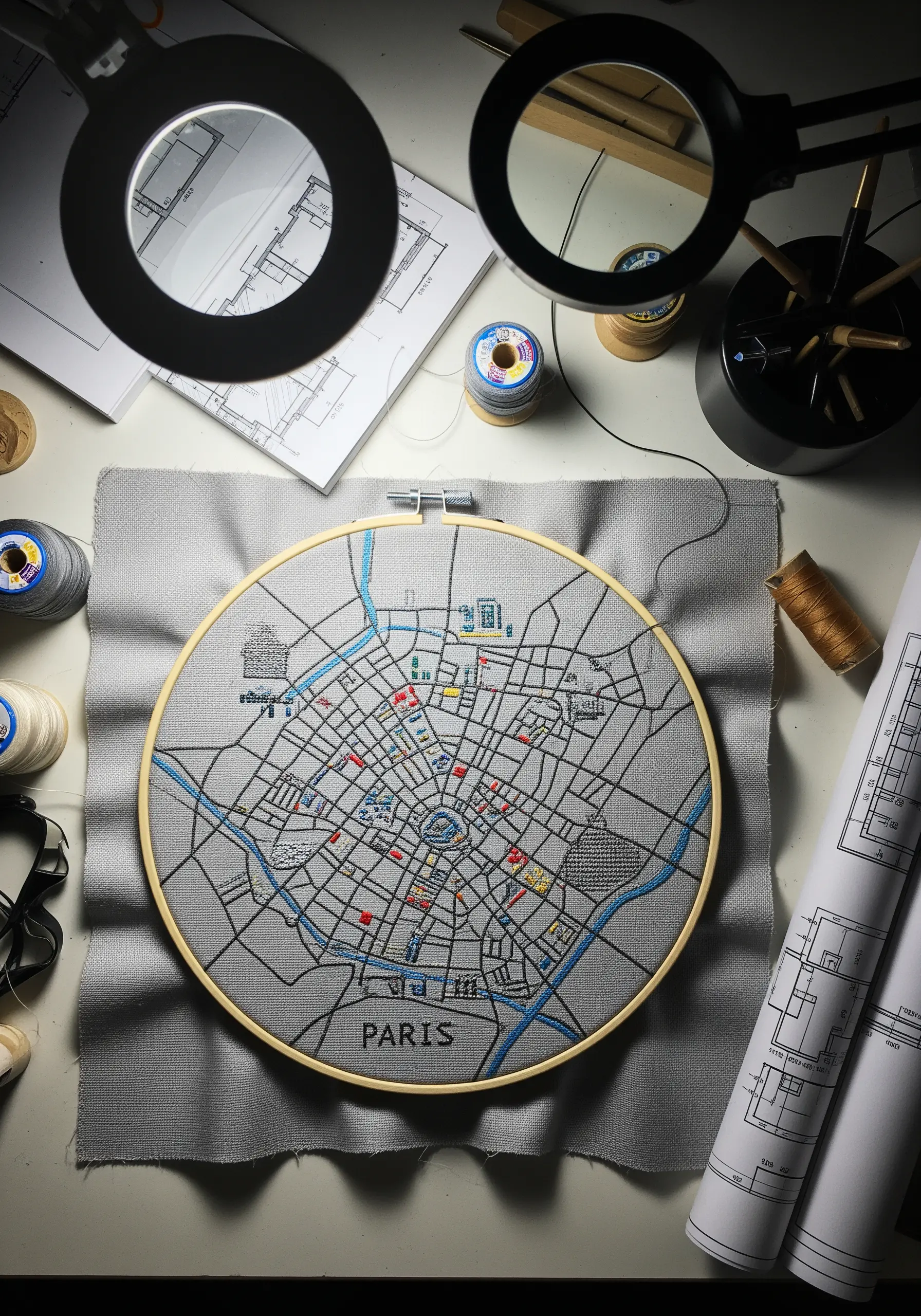 An embroidered map of Paris with streets in black thread and rivers in blue.