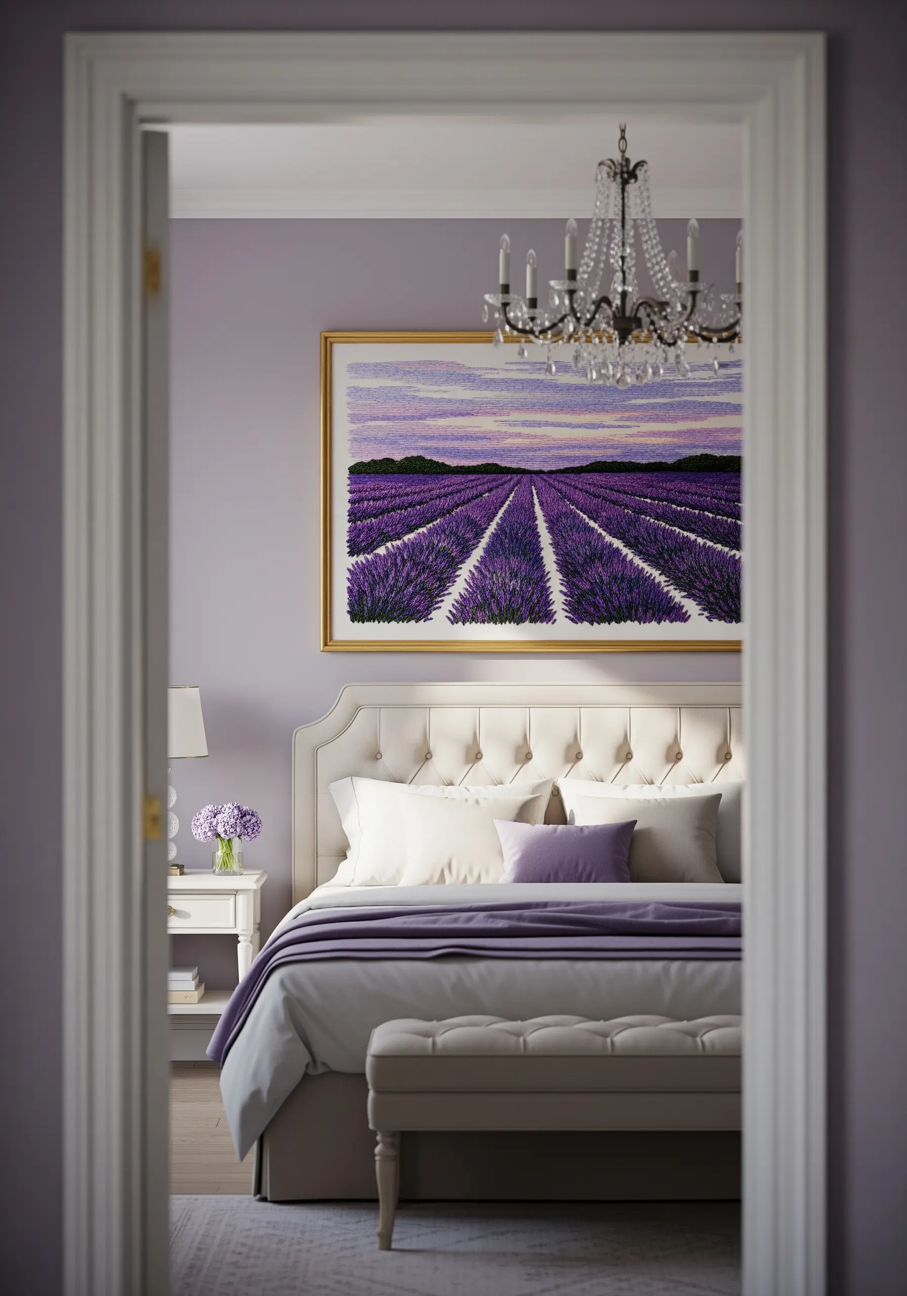 A large framed embroidery of a lavender field with rows receding into the distance.