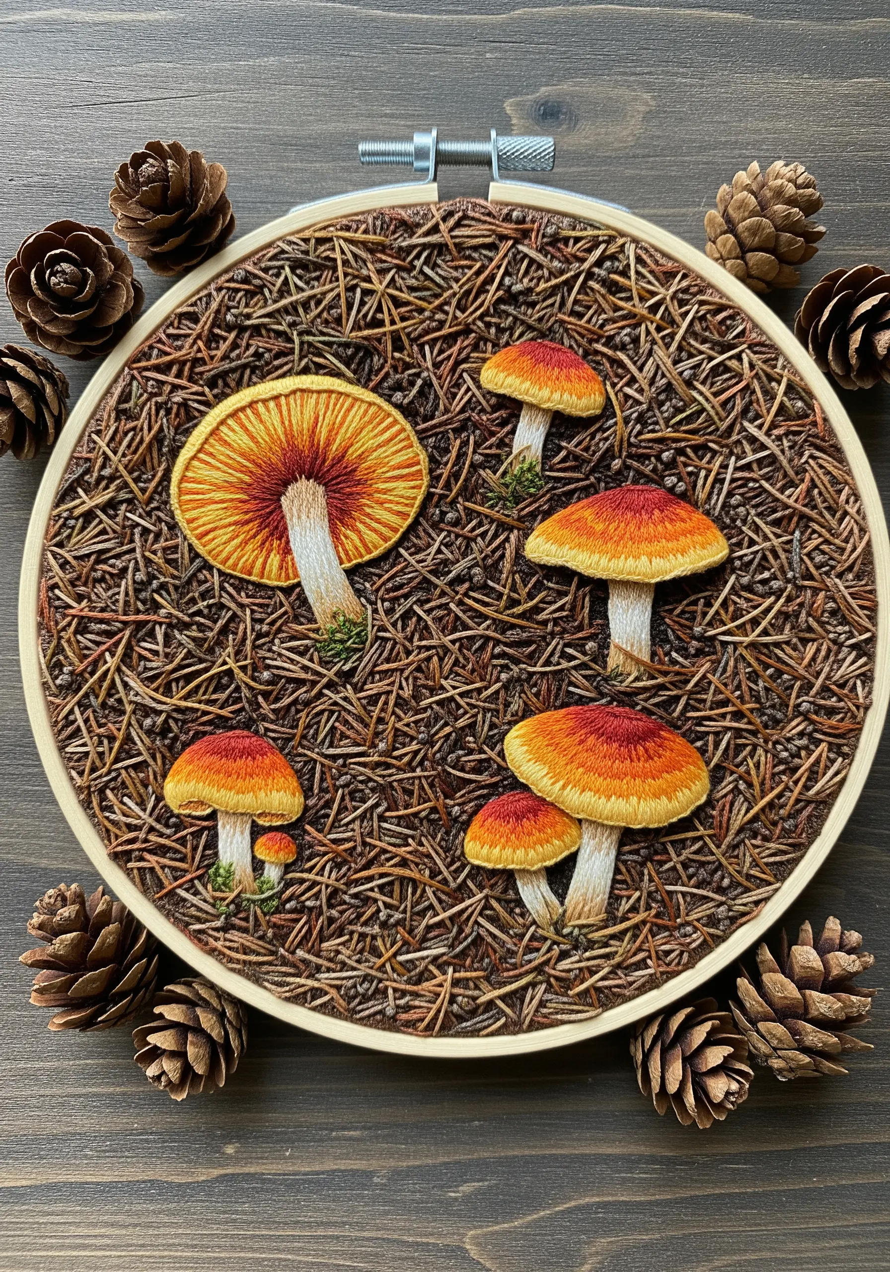 Embroidered mushrooms popping up from a dense background of stitched brown pine needles.