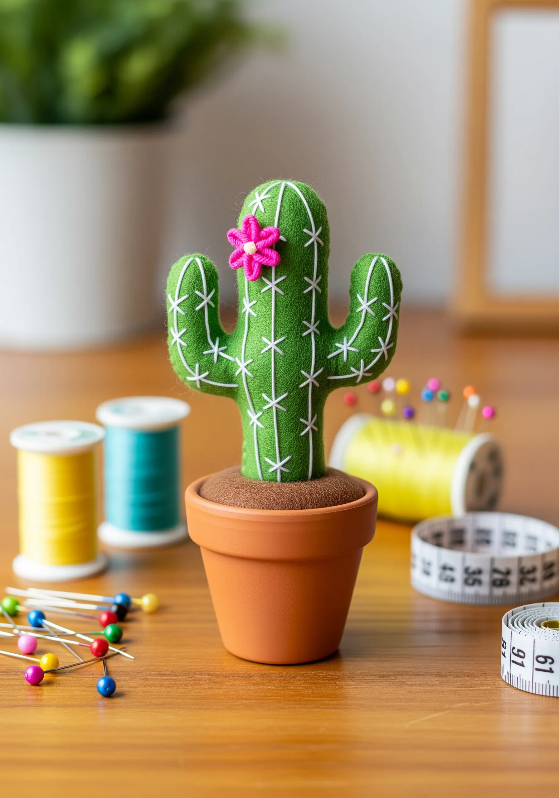 A 3D cactus-shaped pincushion in a terracotta pot with white embroidered spines