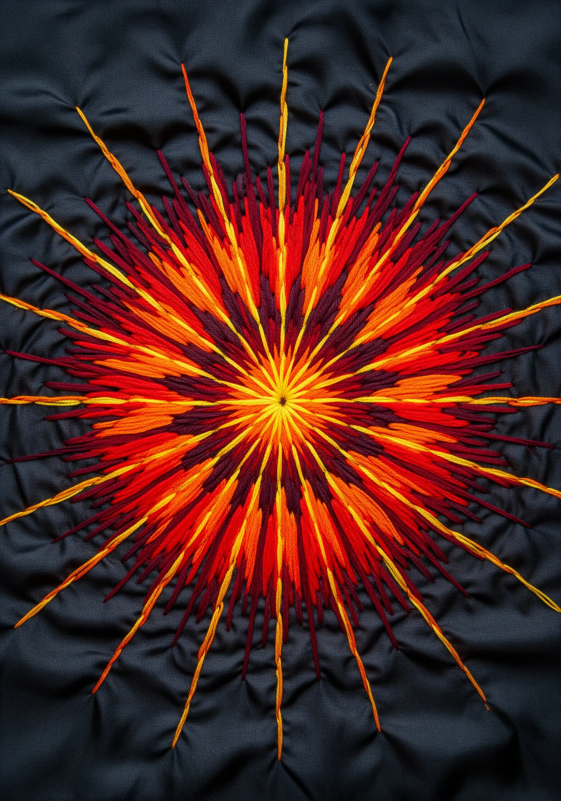 A vibrant starburst mandala in red, orange, and yellow on ruched black fabric.