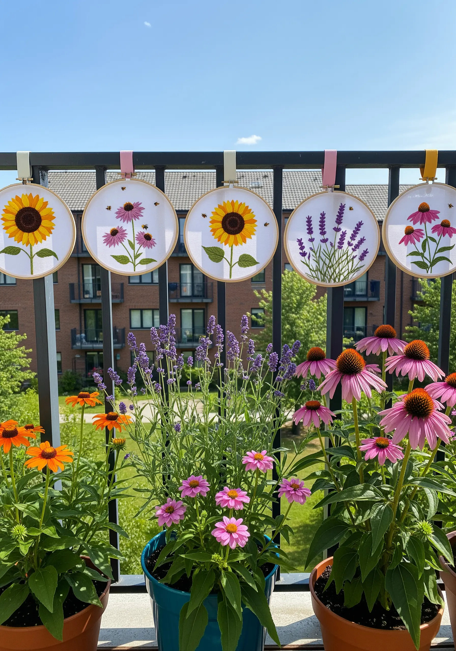 Embroidered sunflowers and lavender in hoops hanging from a balcony railing.