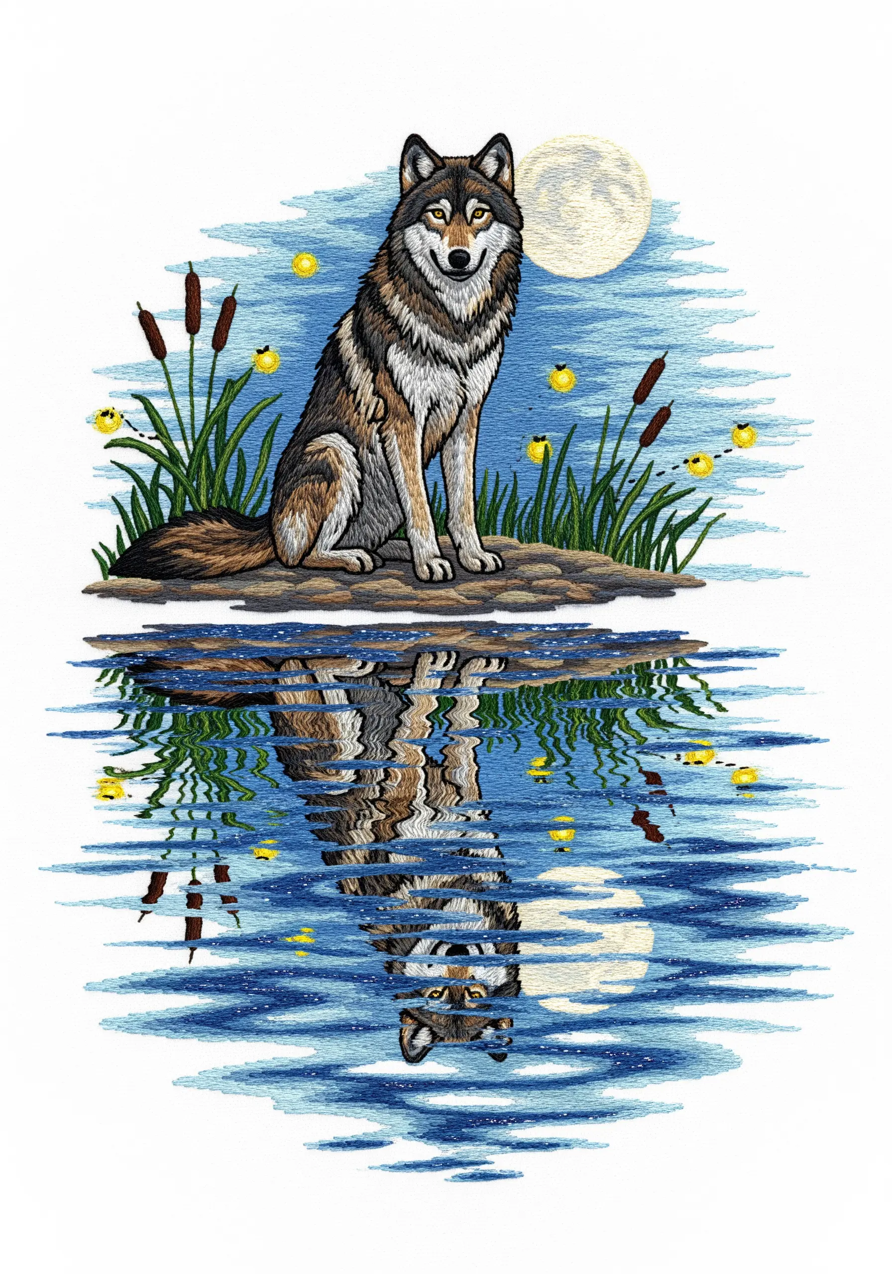 A wolf sitting by the water with its perfect reflection stitched below.
